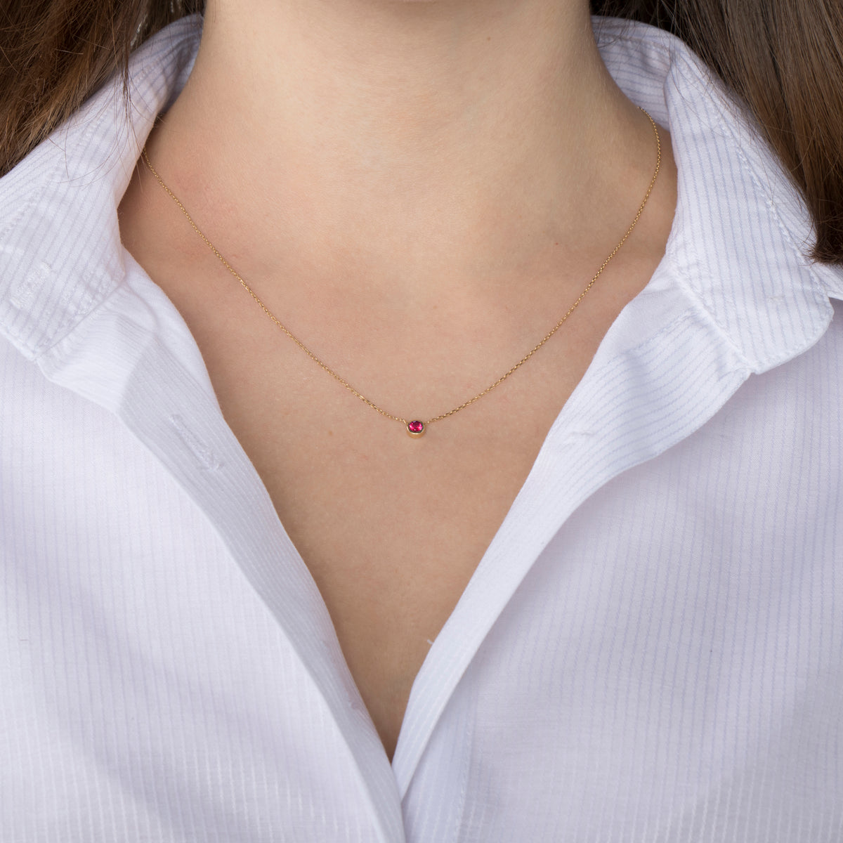Mini Lab Ruby Solitaire Necklace in 14K Gold