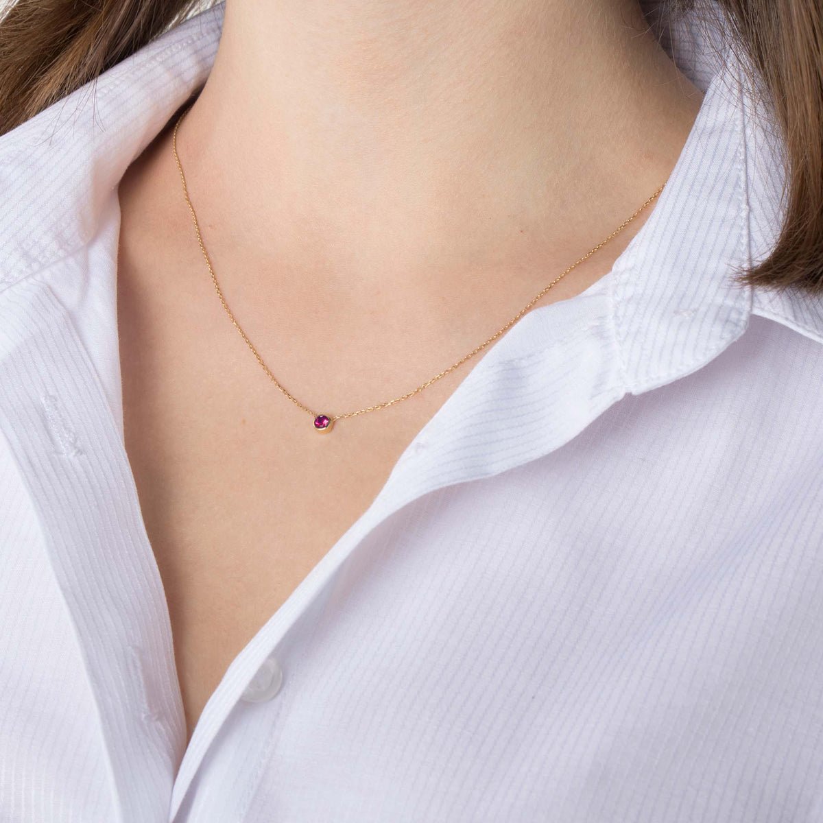 Mini Lab Ruby Solitaire Necklace in 14K Gold