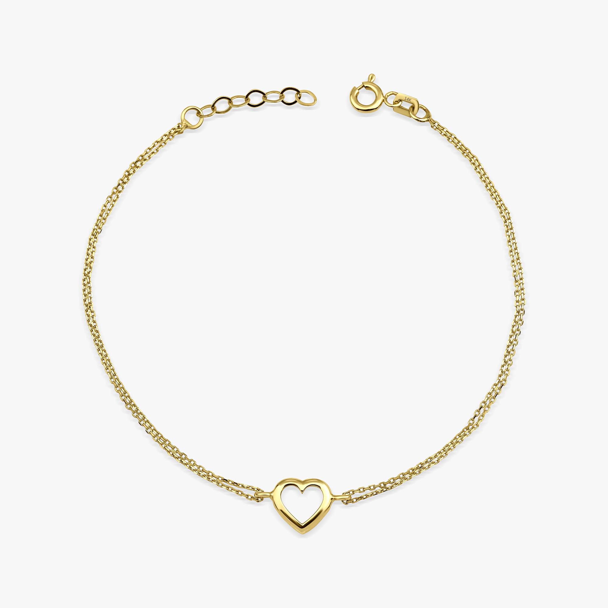 Gold bracelet with a heart-shaped charm on a white background