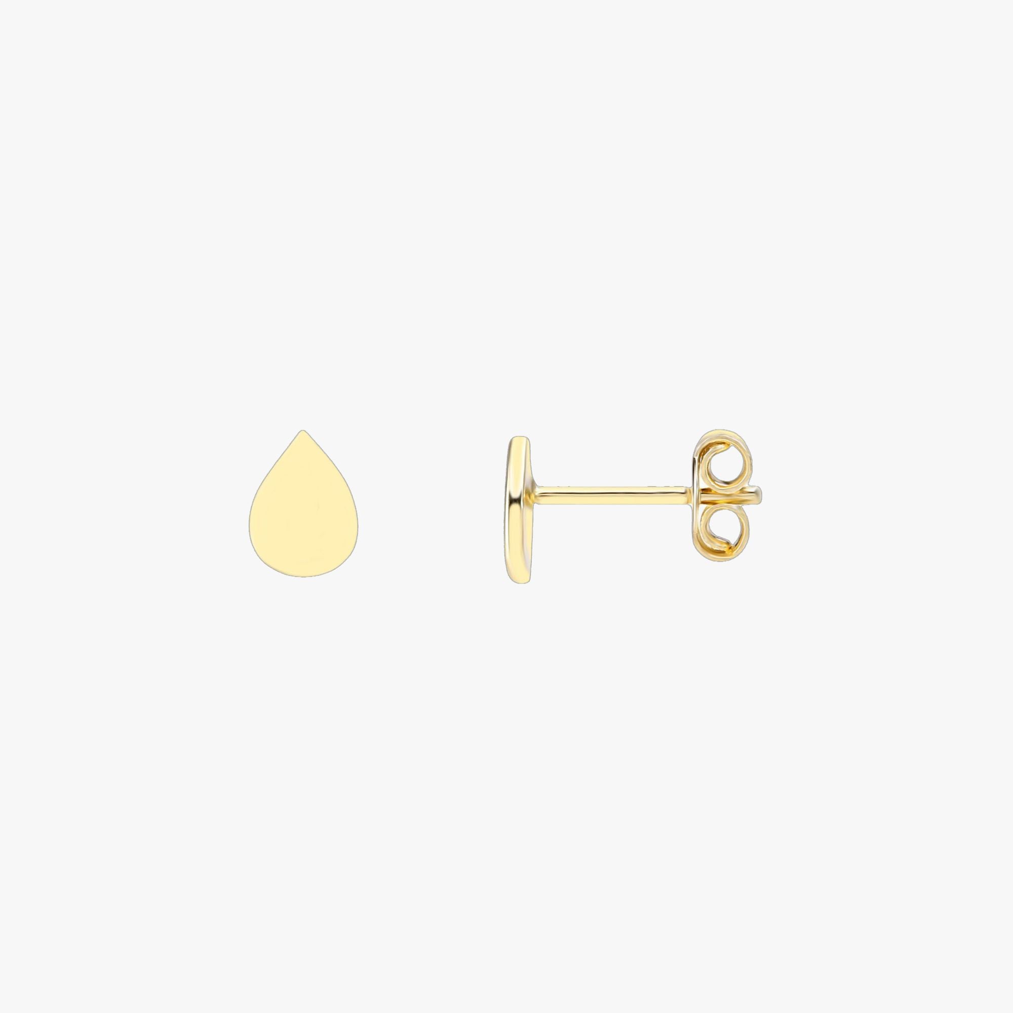 Sideview of a mini raindrop shaped stud earring on a white background.