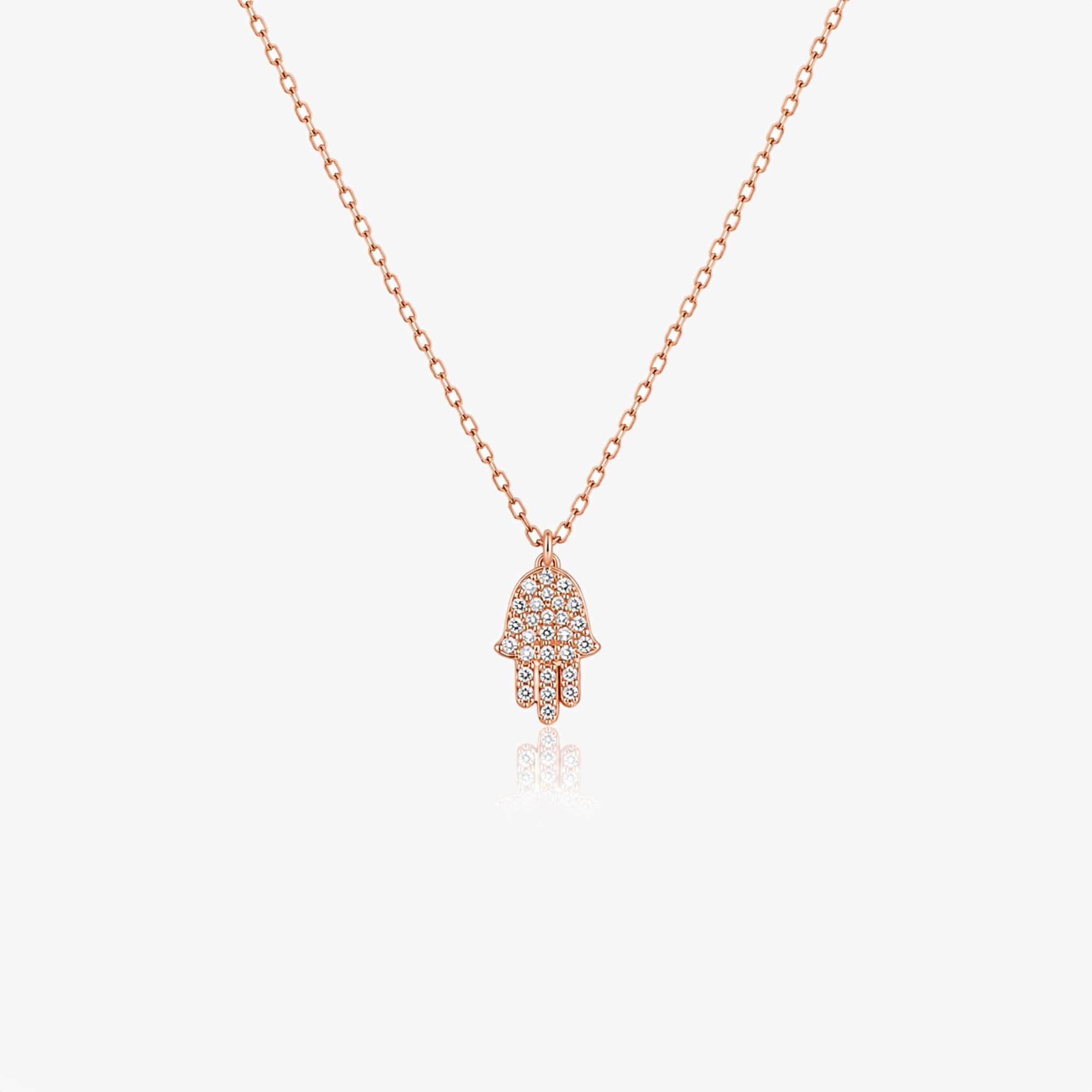 Tiny Pave Diamond Hamsa Necklace in 14K Gold