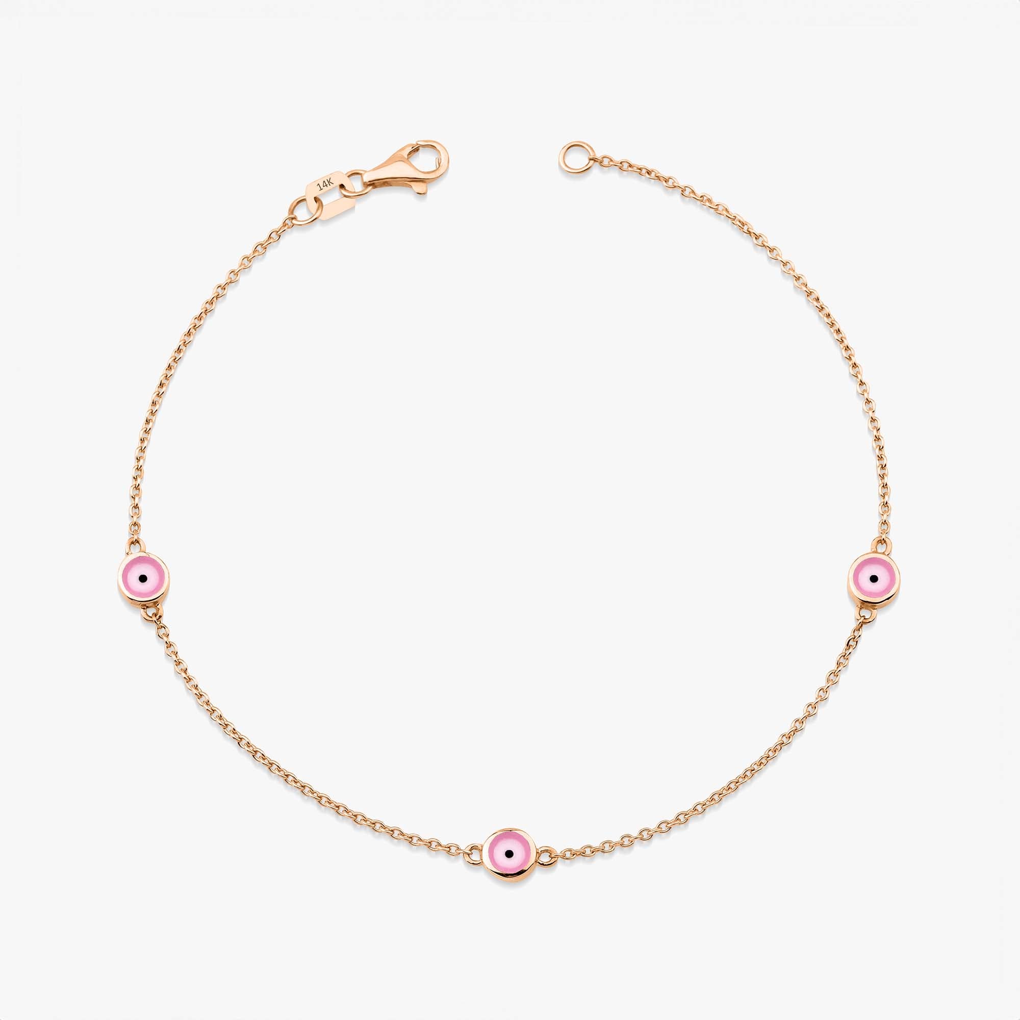 14 karat rose gold three pink evil eye bracelet with lobster clasp on a white background