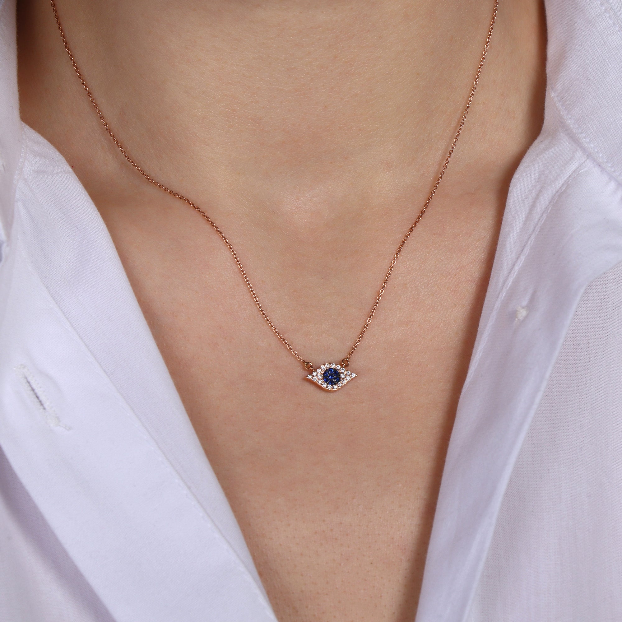 Minimal Sapphire and Diamond Evil Eye Necklace in 14K Gold