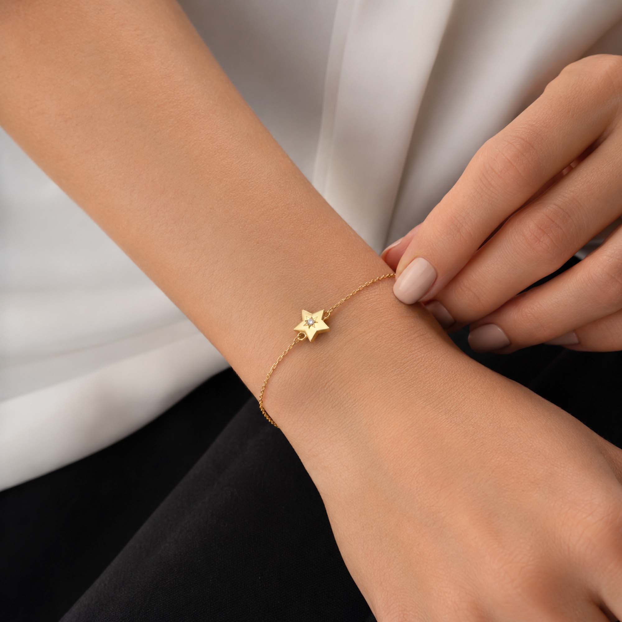 Mini Diamond Star Within a Star Bracelet in 14K Gold
