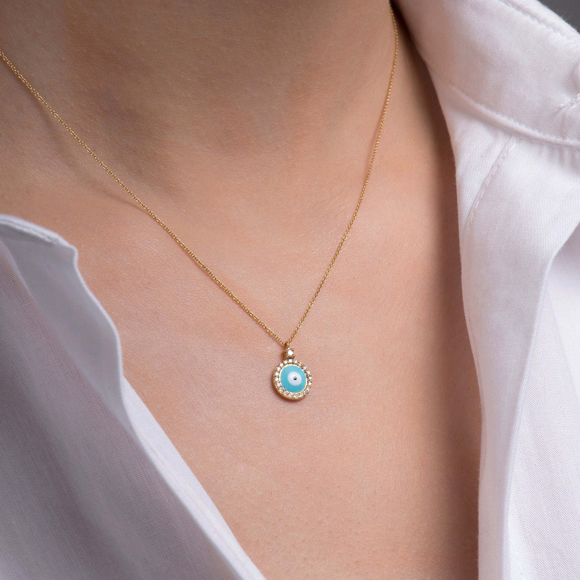 Itty Bitty Tiny Traditional Diamond Evil Eye Necklace in 18K Gold