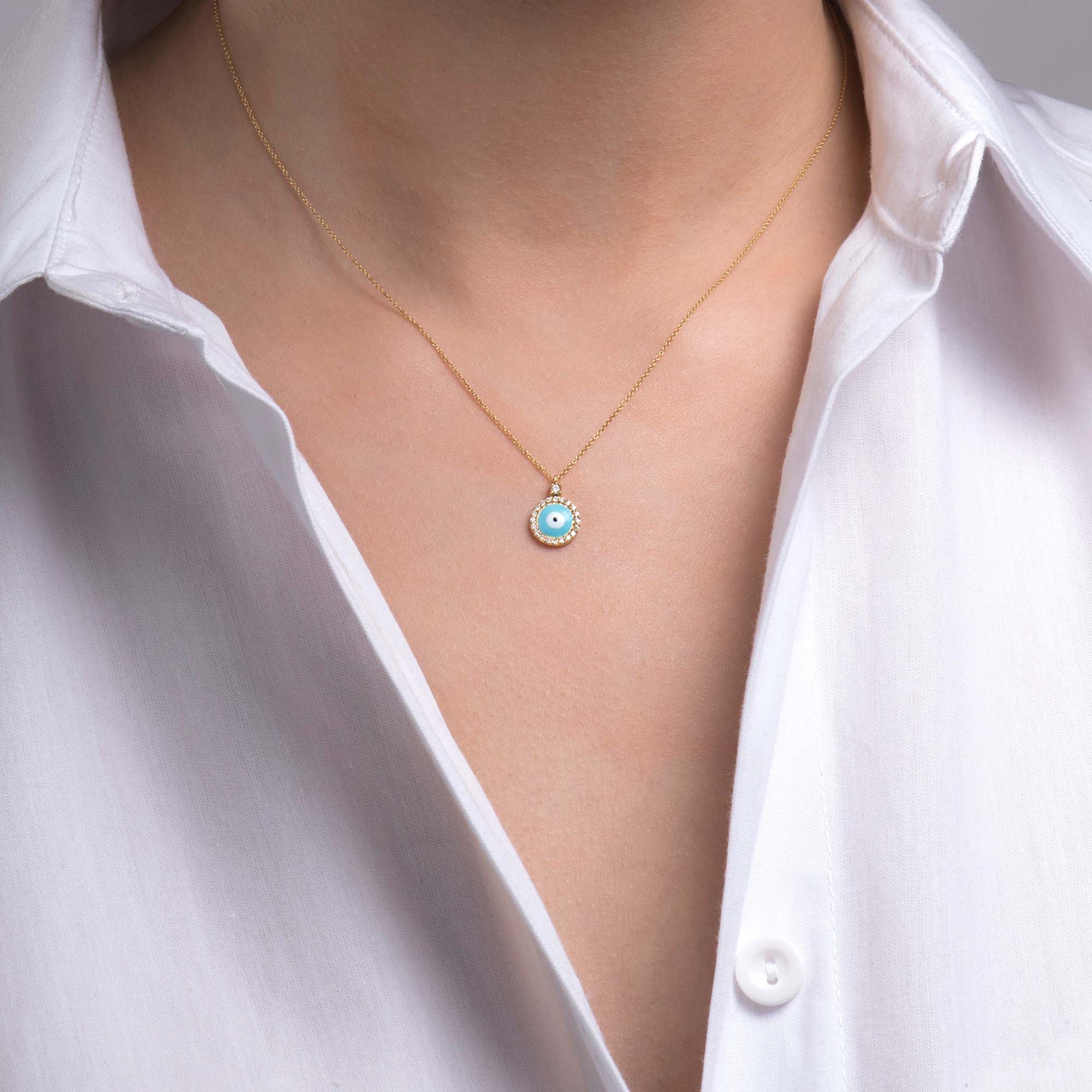 Itty Bitty Tiny Traditional Diamond Evil Eye Necklace in 18K Gold