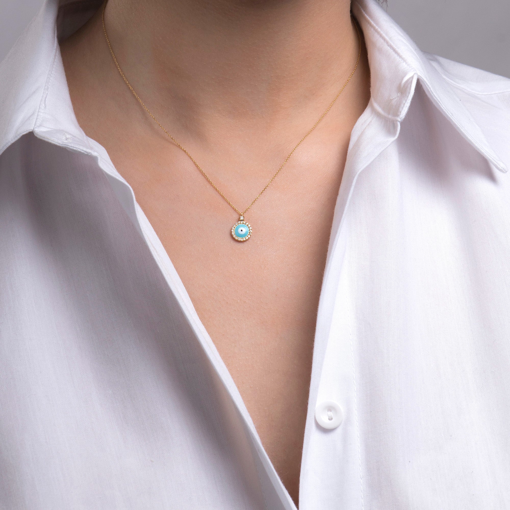 Itty Bitty Tiny Traditional Diamond Evil Eye Necklace in 18K Gold