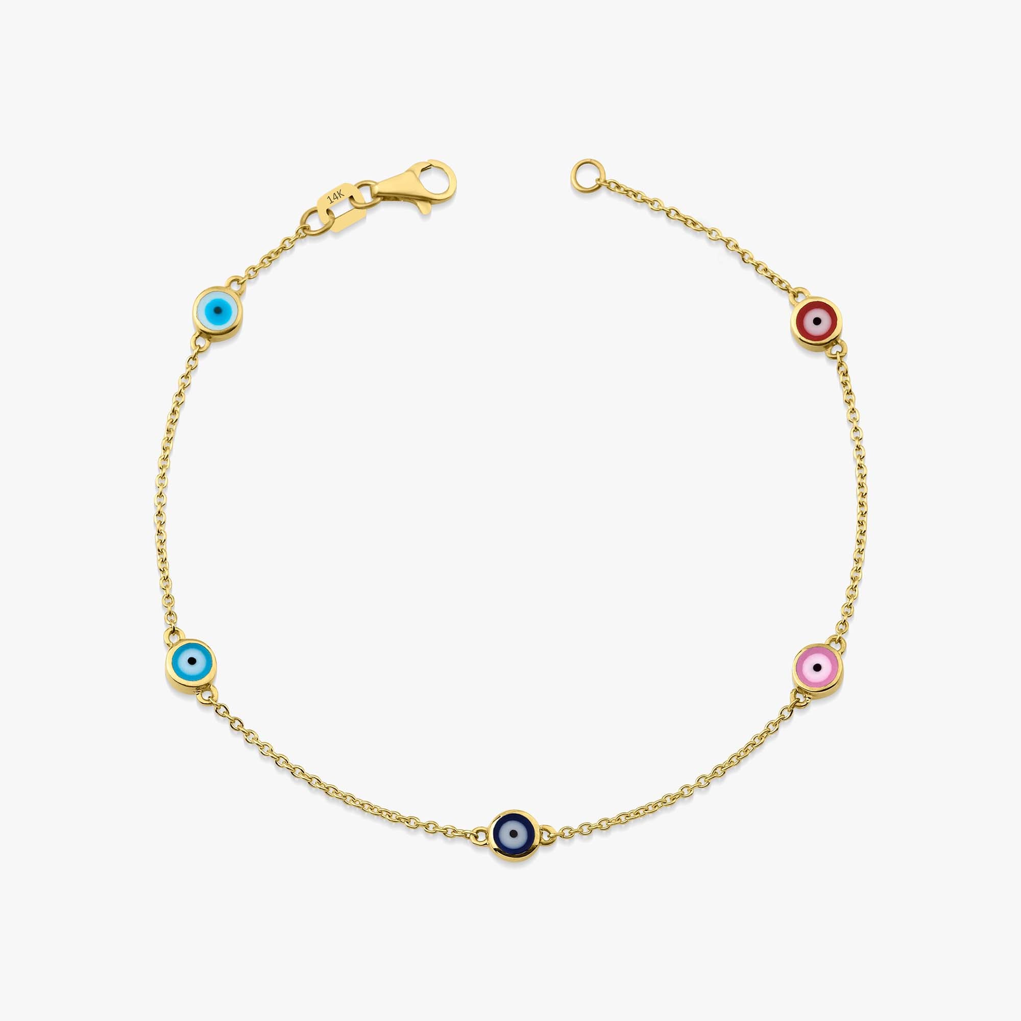 A 14K yellow gold bracelet with five multicolored enamel evil eyes, featuring a chain design.