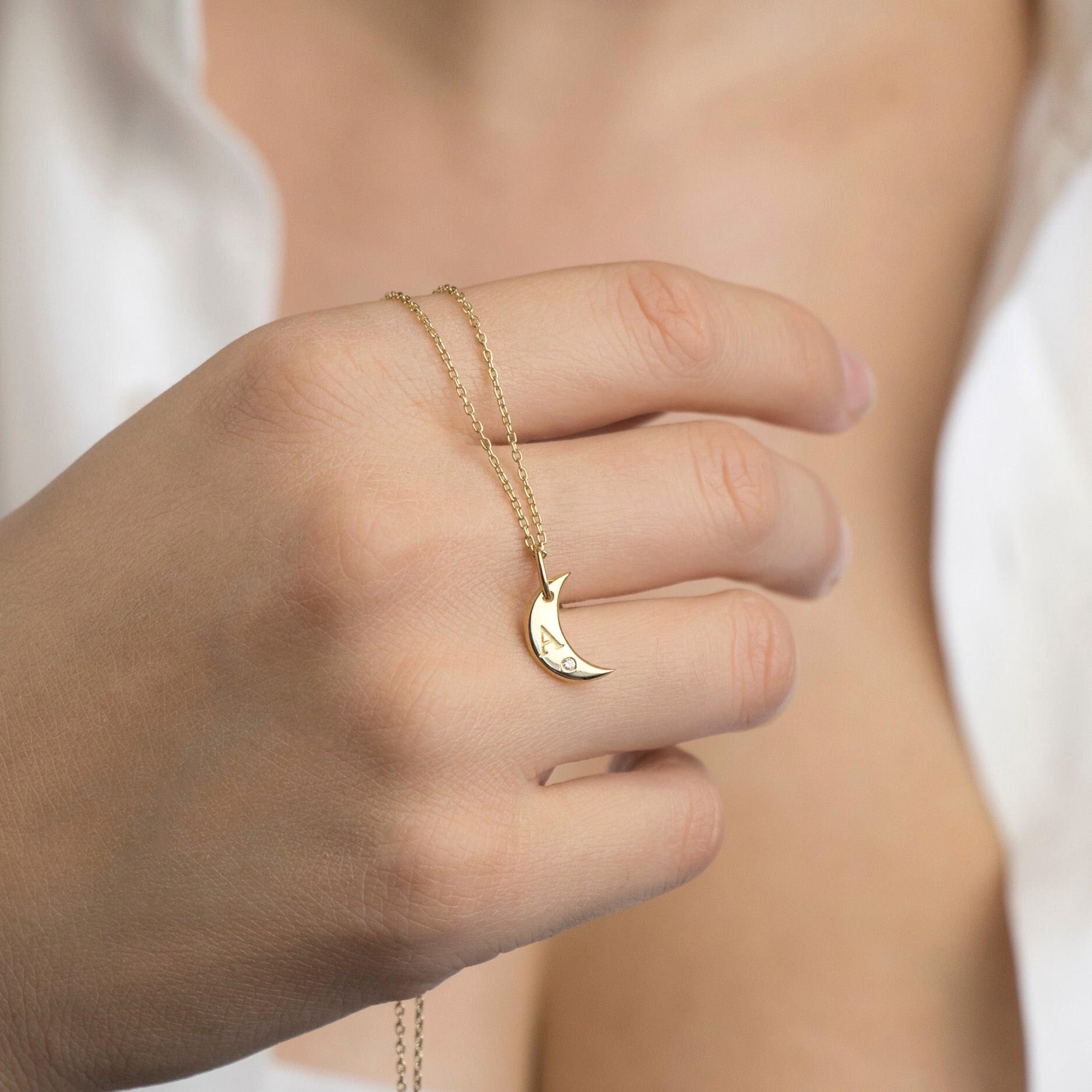 Minimal Crescent Birthstone Initial Necklace in 14K Gold
