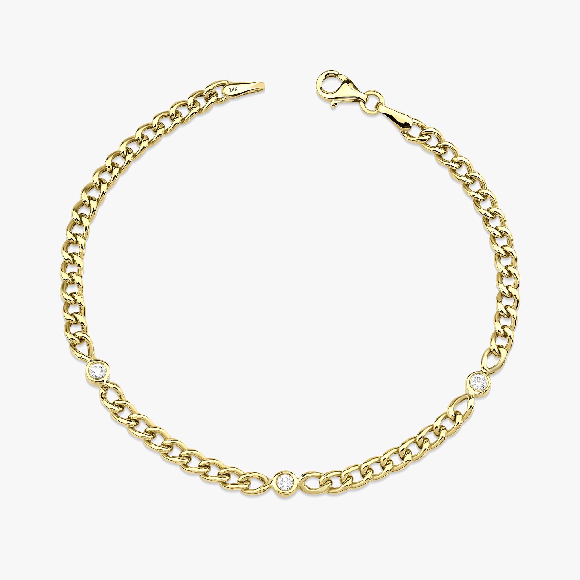 Mini Diamond Cuban Bracelet With 3 Bezel Set Diamonds in 14K Gold