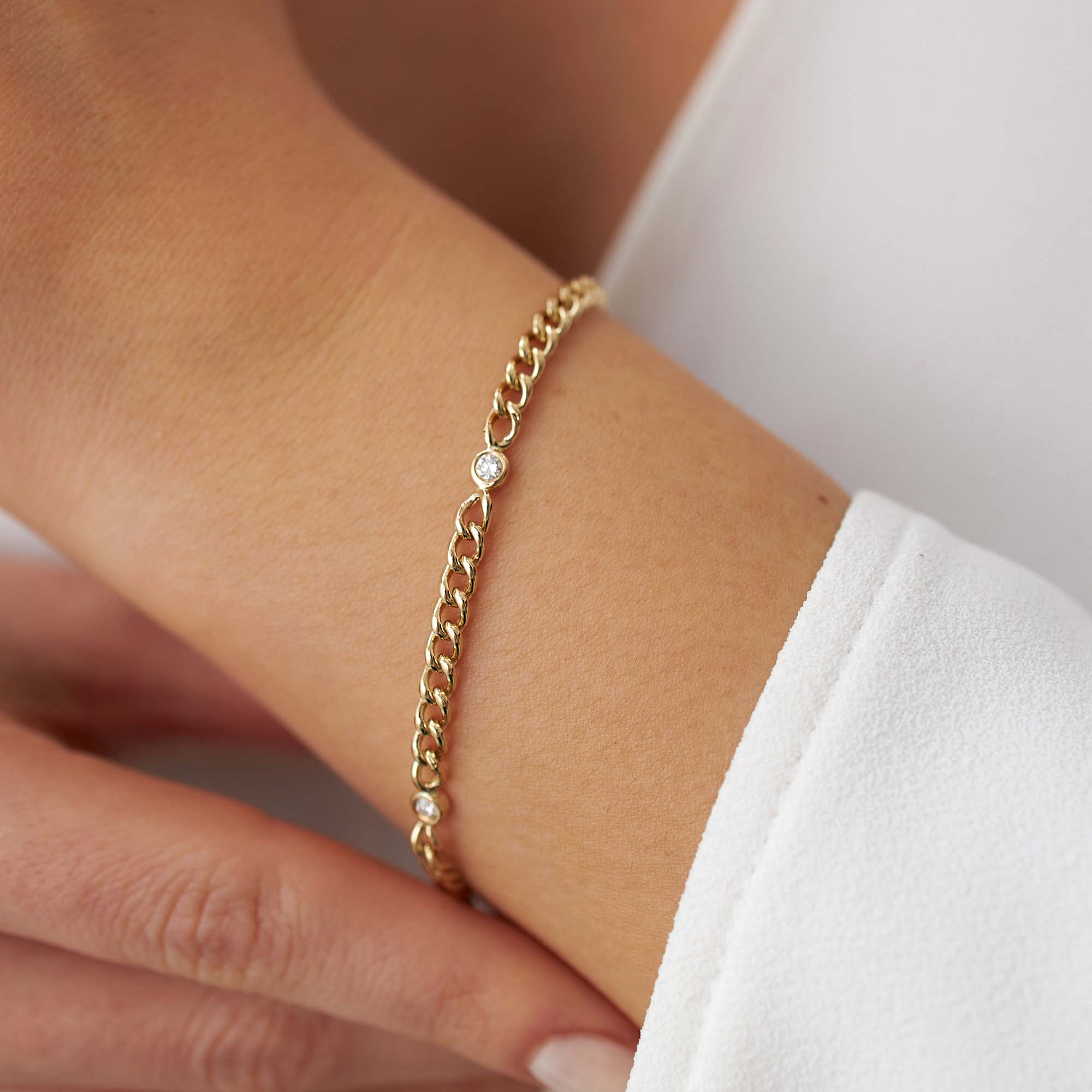 Mini Diamond Cuban Bracelet With 3 Bezel Set Diamonds in 14K Gold