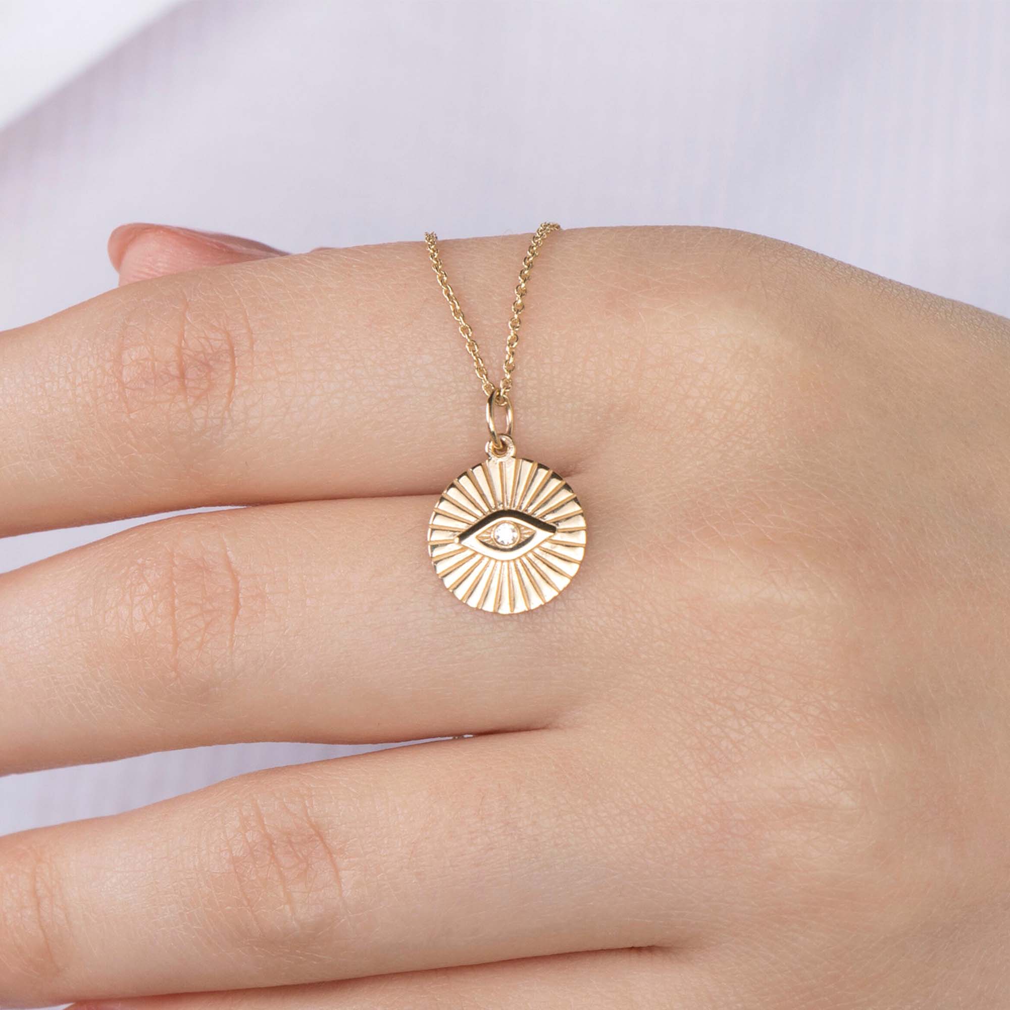 Mini Diamond Evil Eye Coin Necklace in 14K Gold