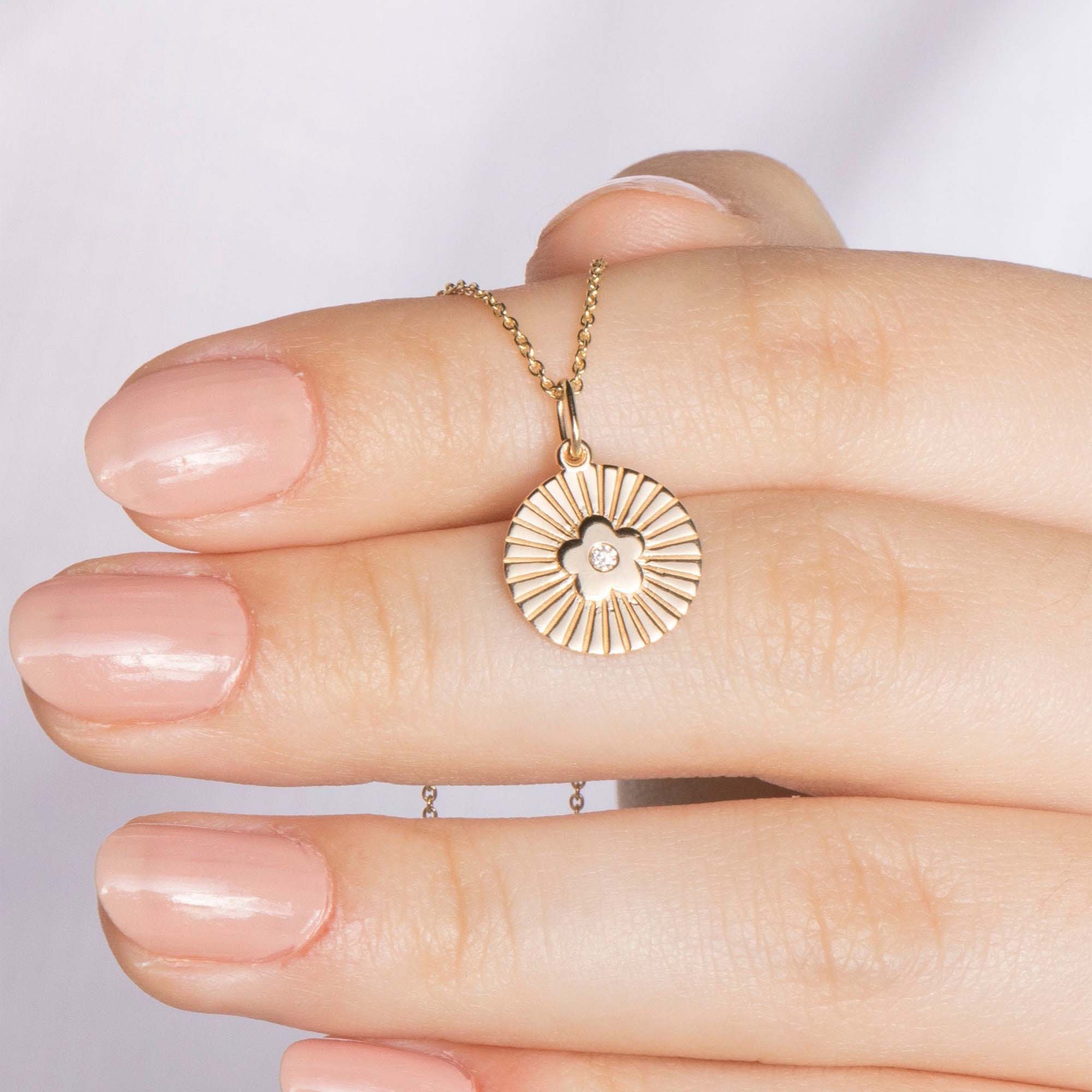 Mini Diamond Flower Coin Necklace in 14K Gold