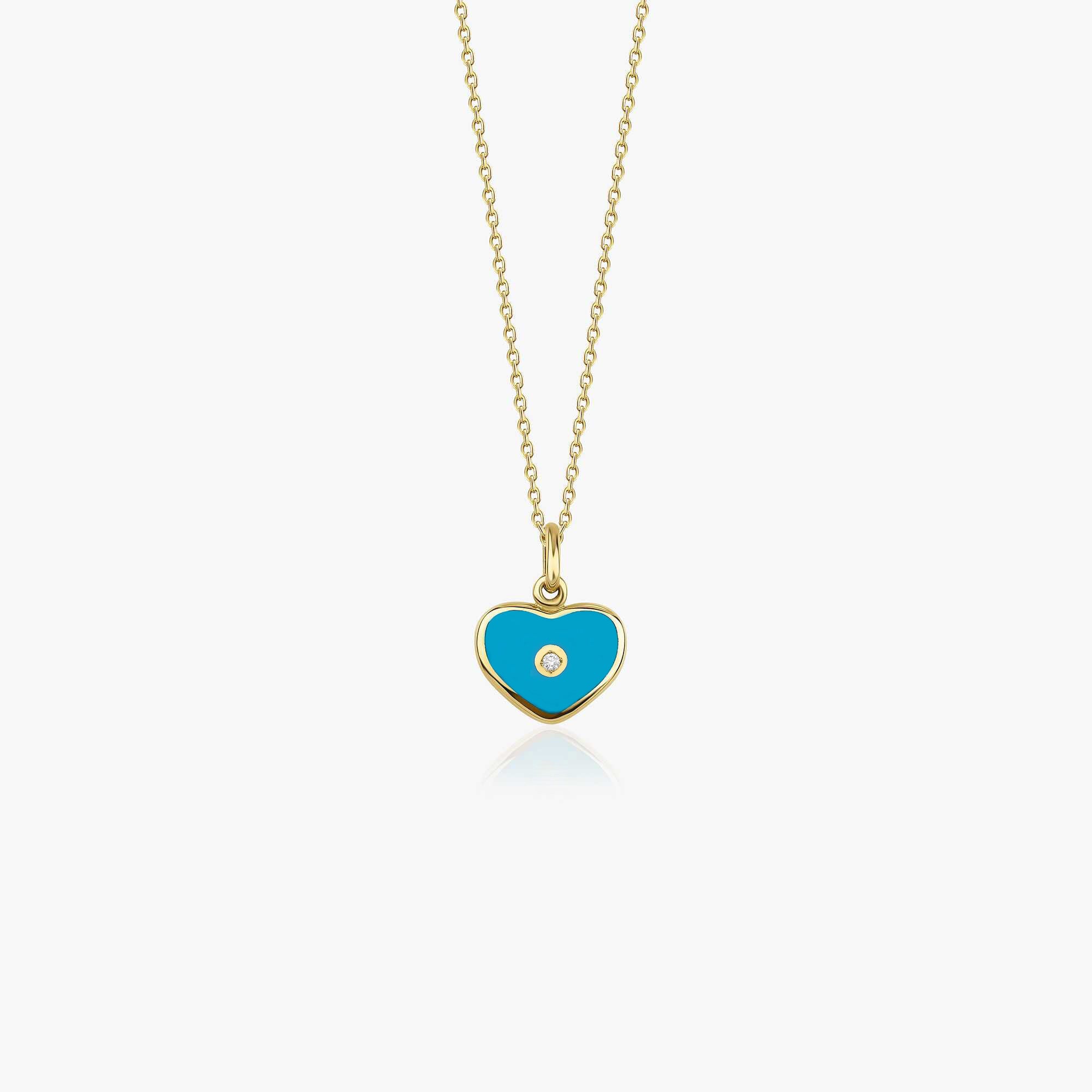A 14K gold necklace with a small heart-shaped pendant featuring a blue inlaid diamond, with a yellow gold chain.
