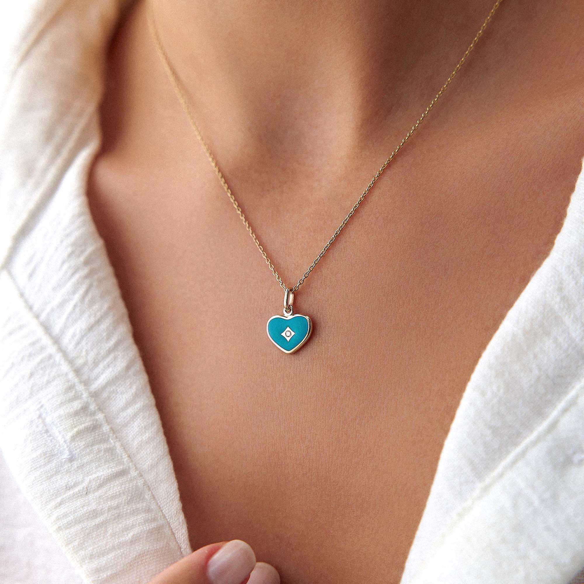 Mini Diamond Ocean Blue Heart Pendant in 14K Gold