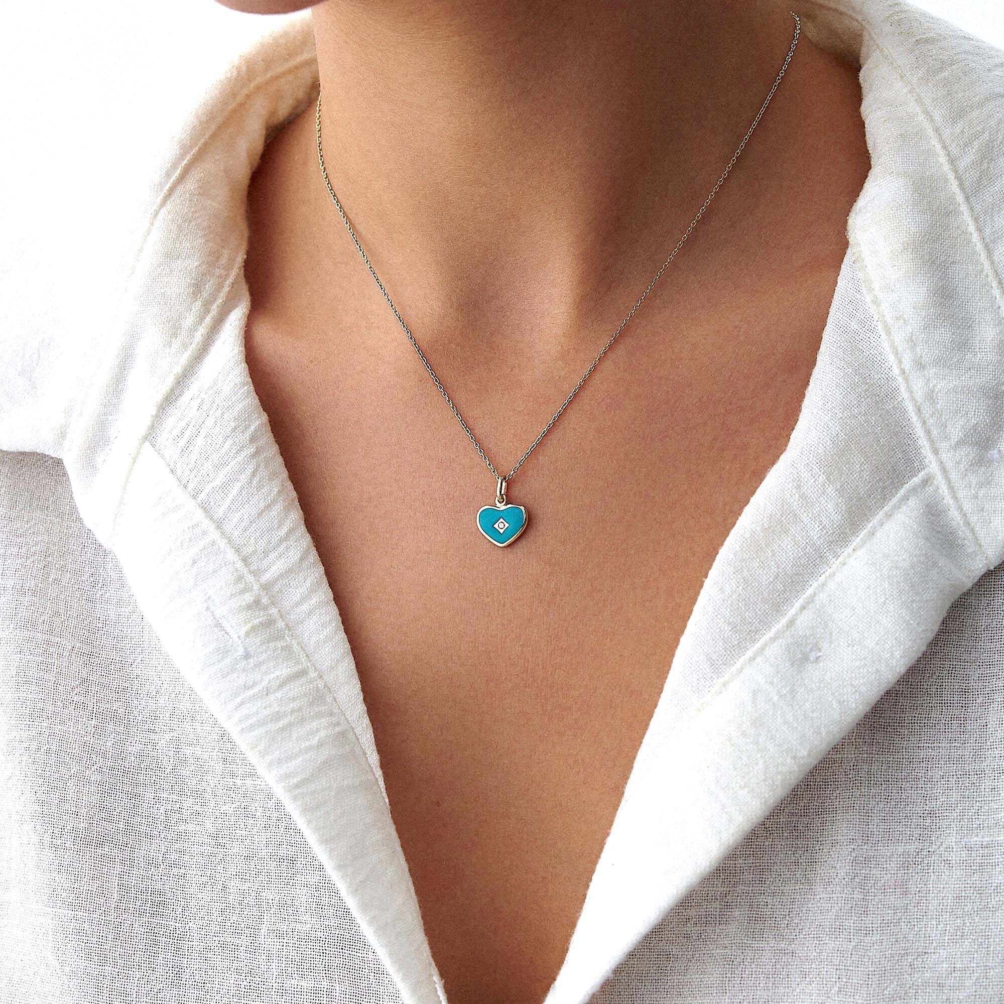 Mini Diamond Ocean Blue Heart Pendant in 14K Gold