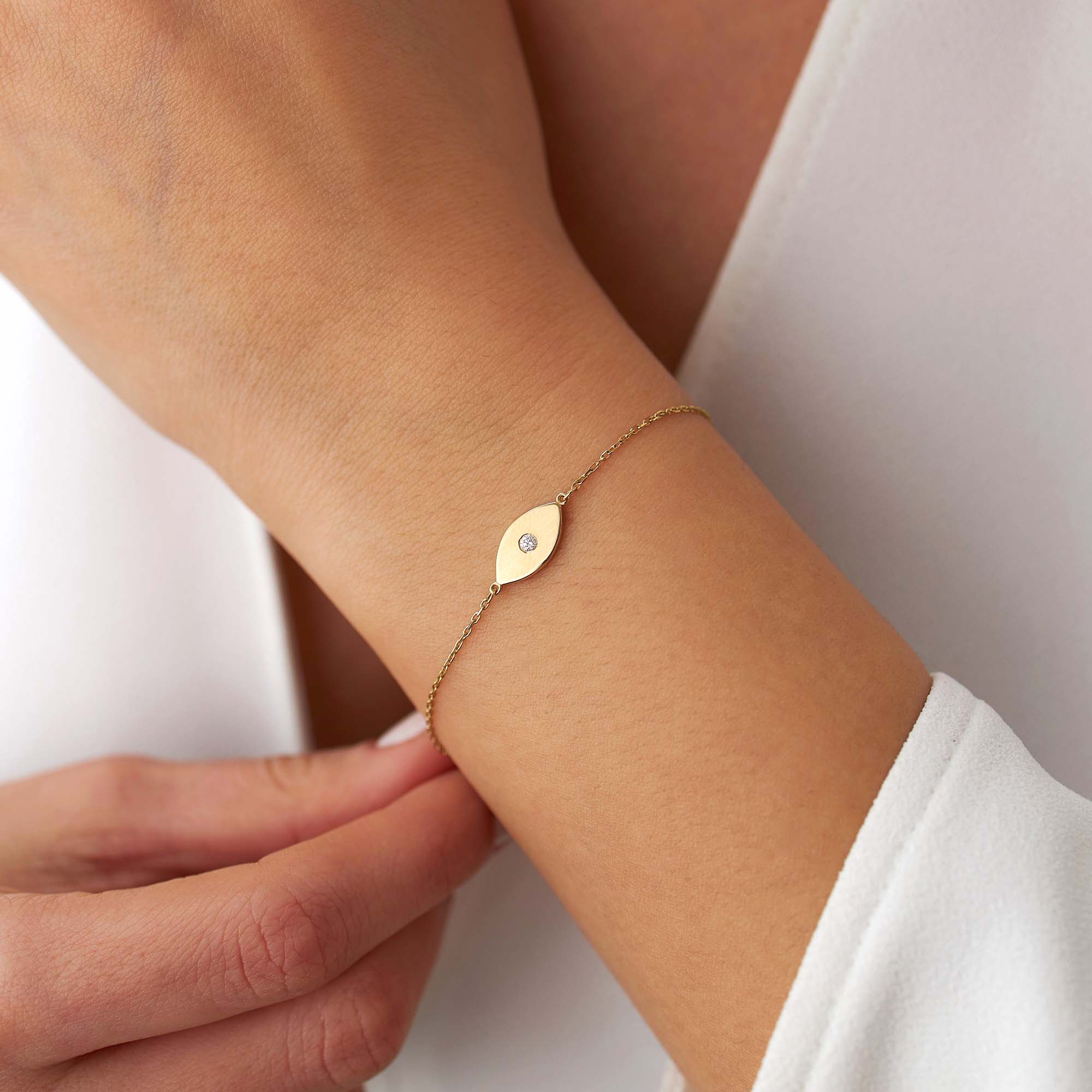 Mini Elongated Diamond Evil Eye Bracelet in 14K Gold