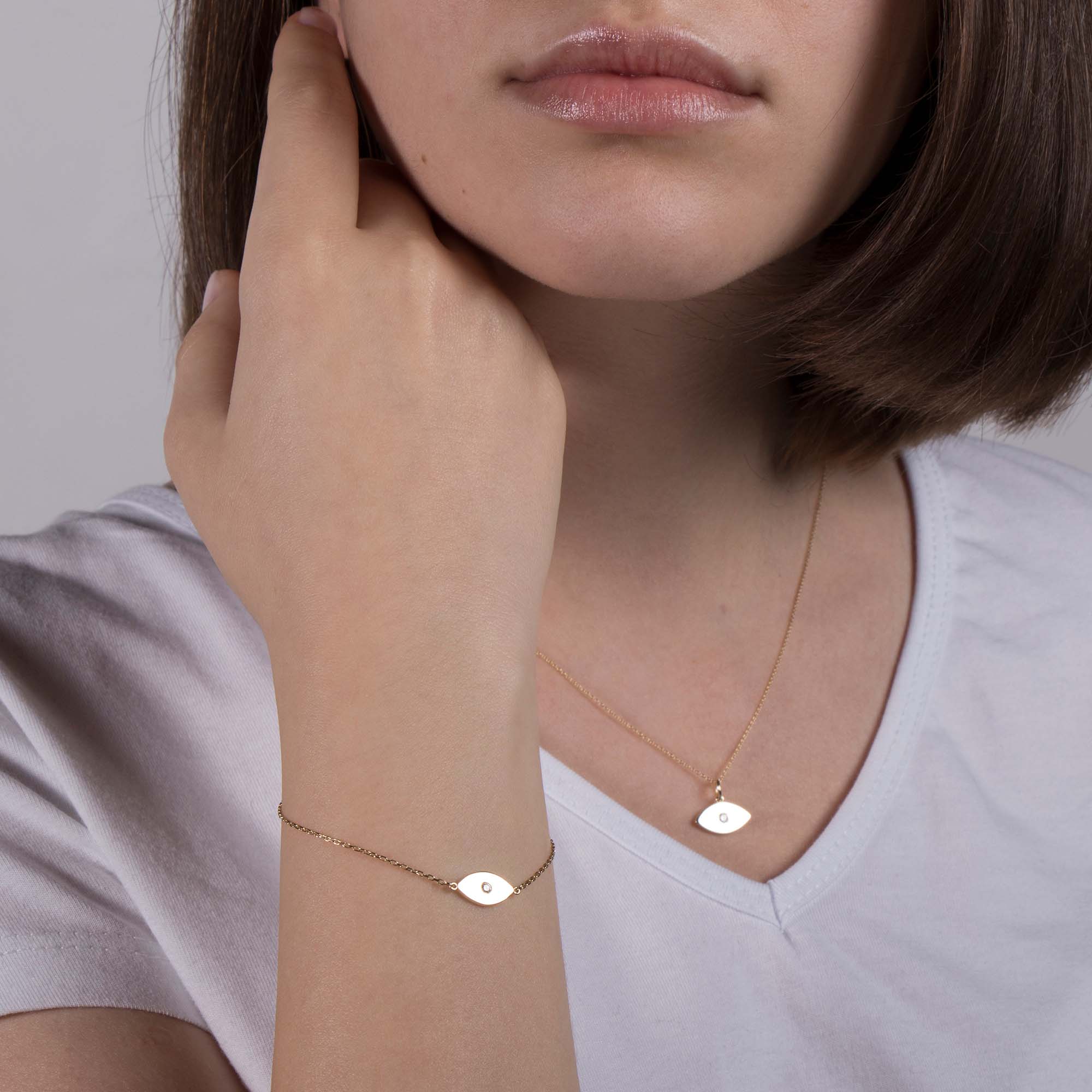 Mini Elongated Diamond Evil Eye Bracelet in 14K Gold