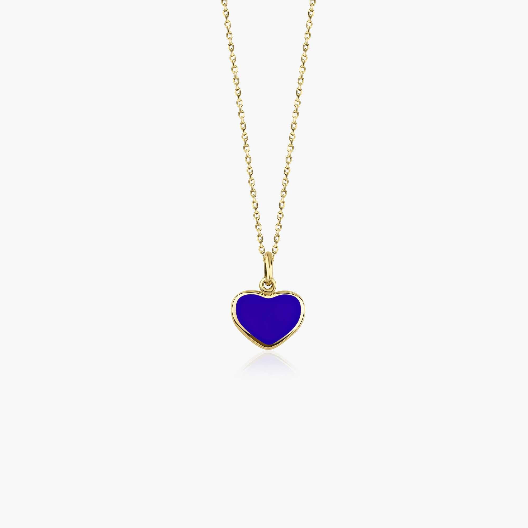 A navy blue heart-shaped pendant necklace made of 14K solid gold, displayed on a white background.