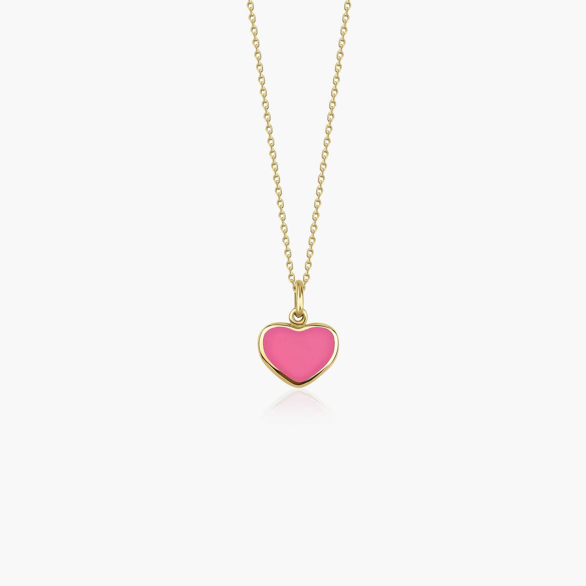 A pink heart-shaped enamel necklace on a 14K gold chain, displayed against a white background.