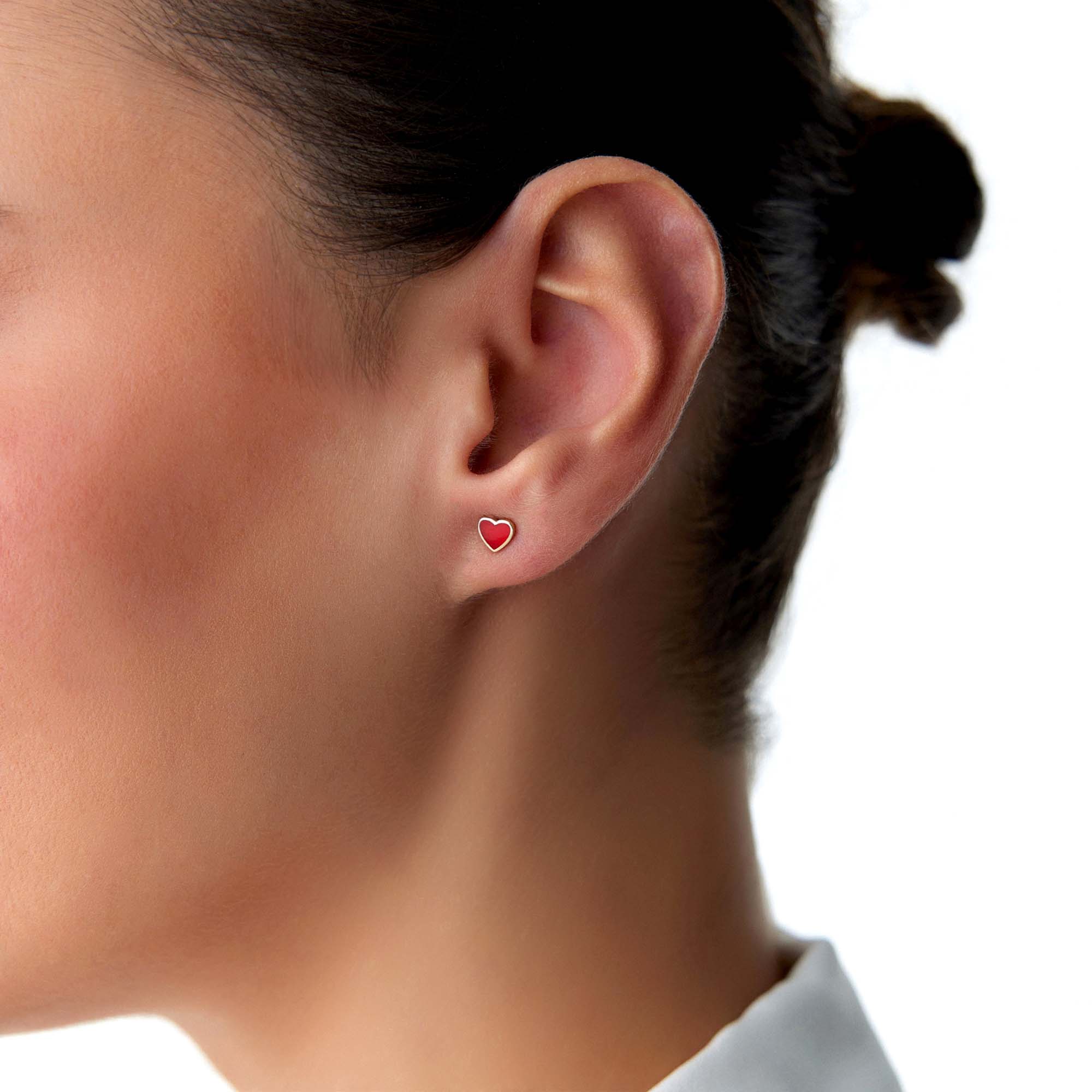 Mini Red Heart Studs in 14K Gold