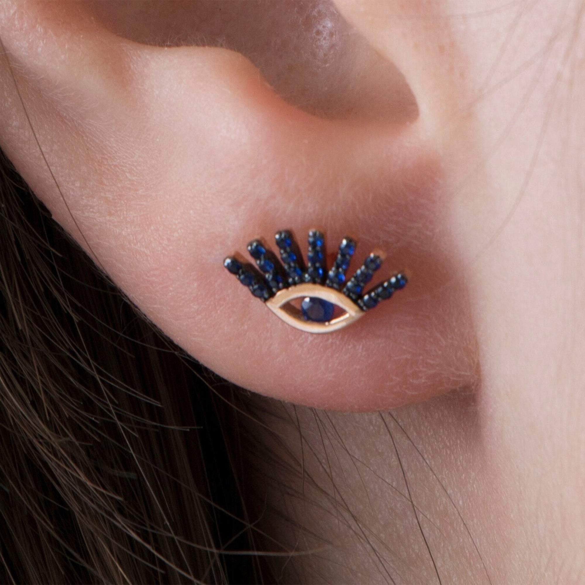 Blue Sapphire Eye Studs in 14K Gold