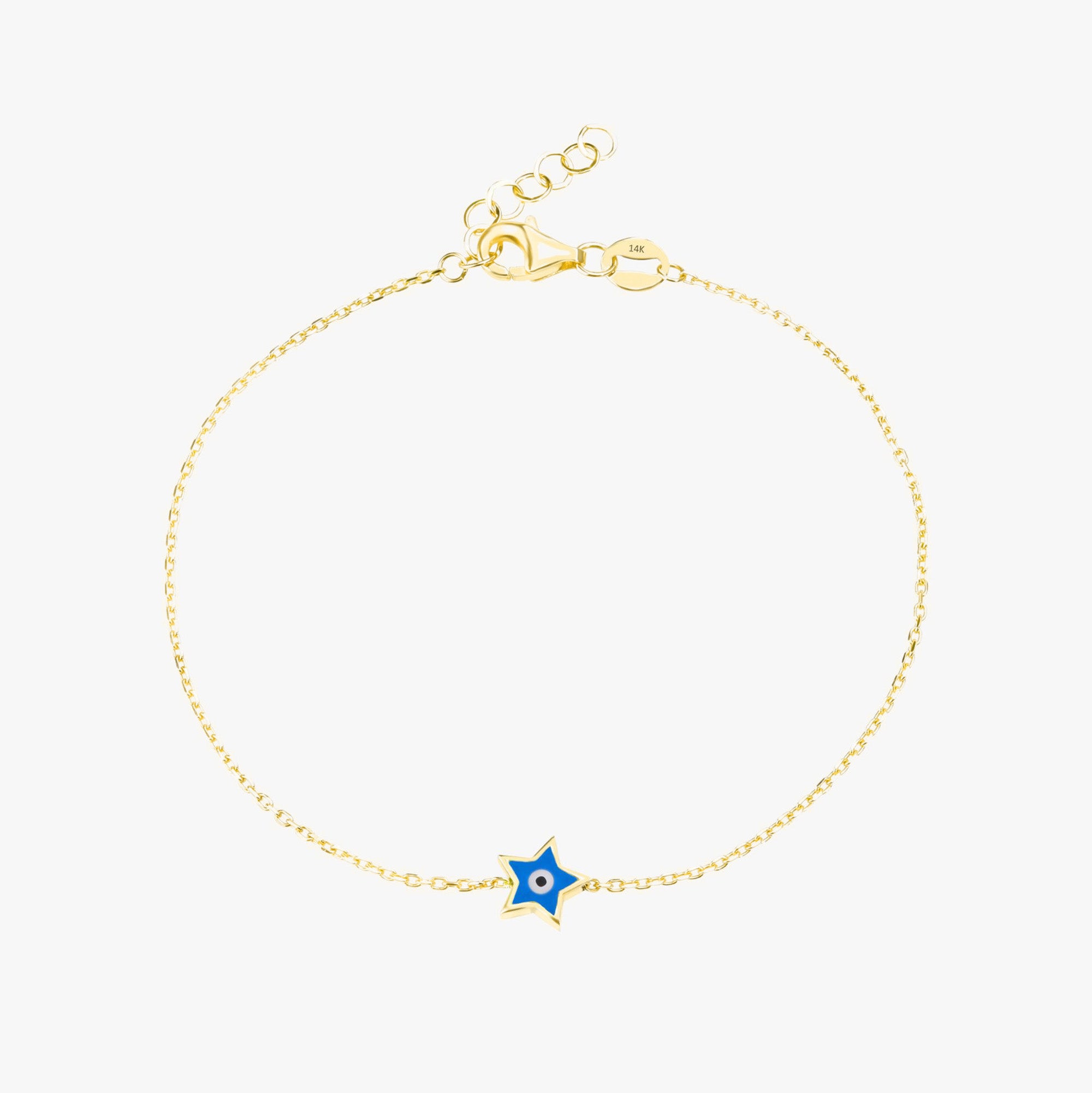 A 14K gold bracelet with a small blue star charm centered on a link chain.