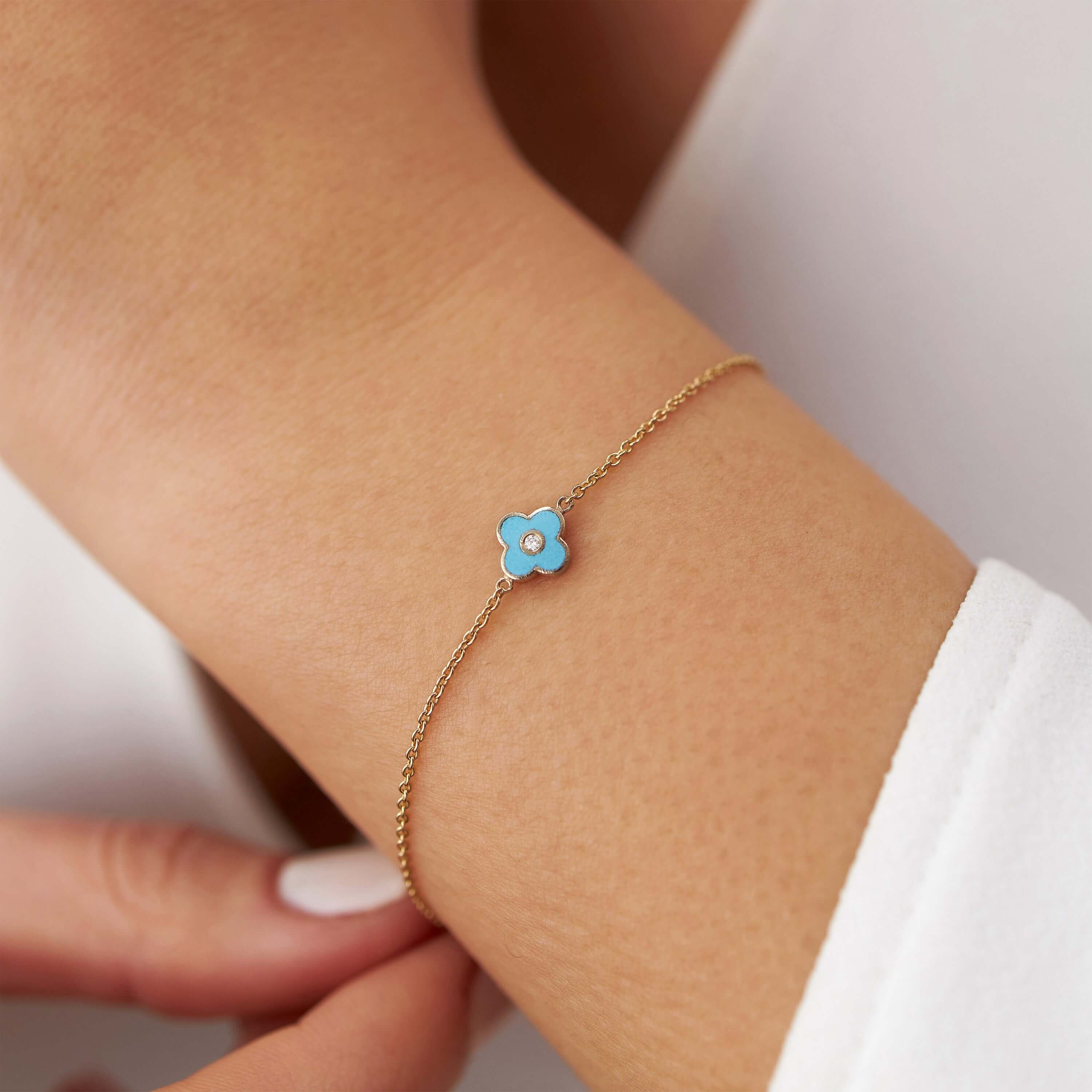 Mini Diamond Inlaid Turquoise Clover Bracelet in 14K Gold
