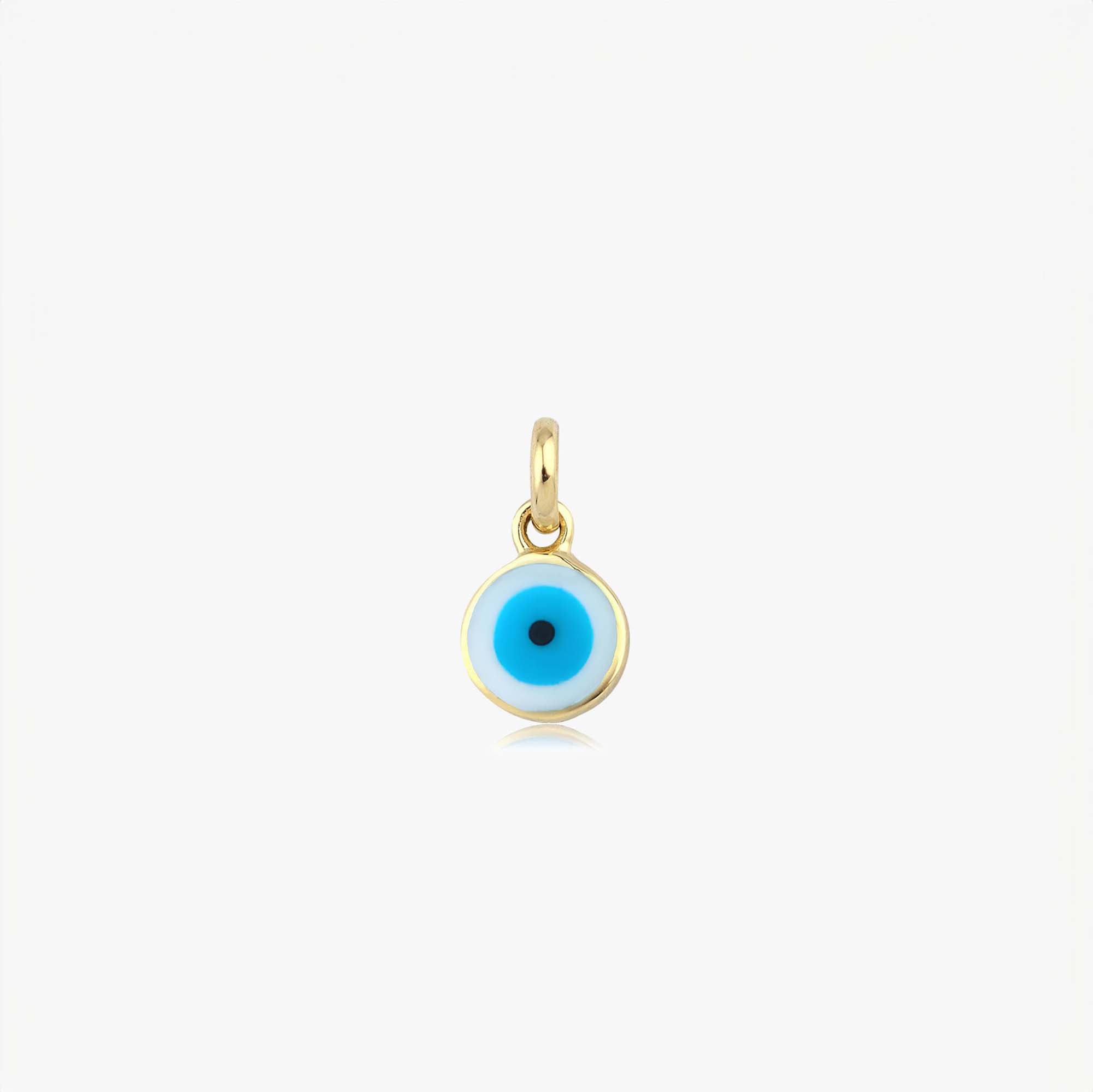 A 14k yellow gold mini white evil eye pendant shown on a white background.