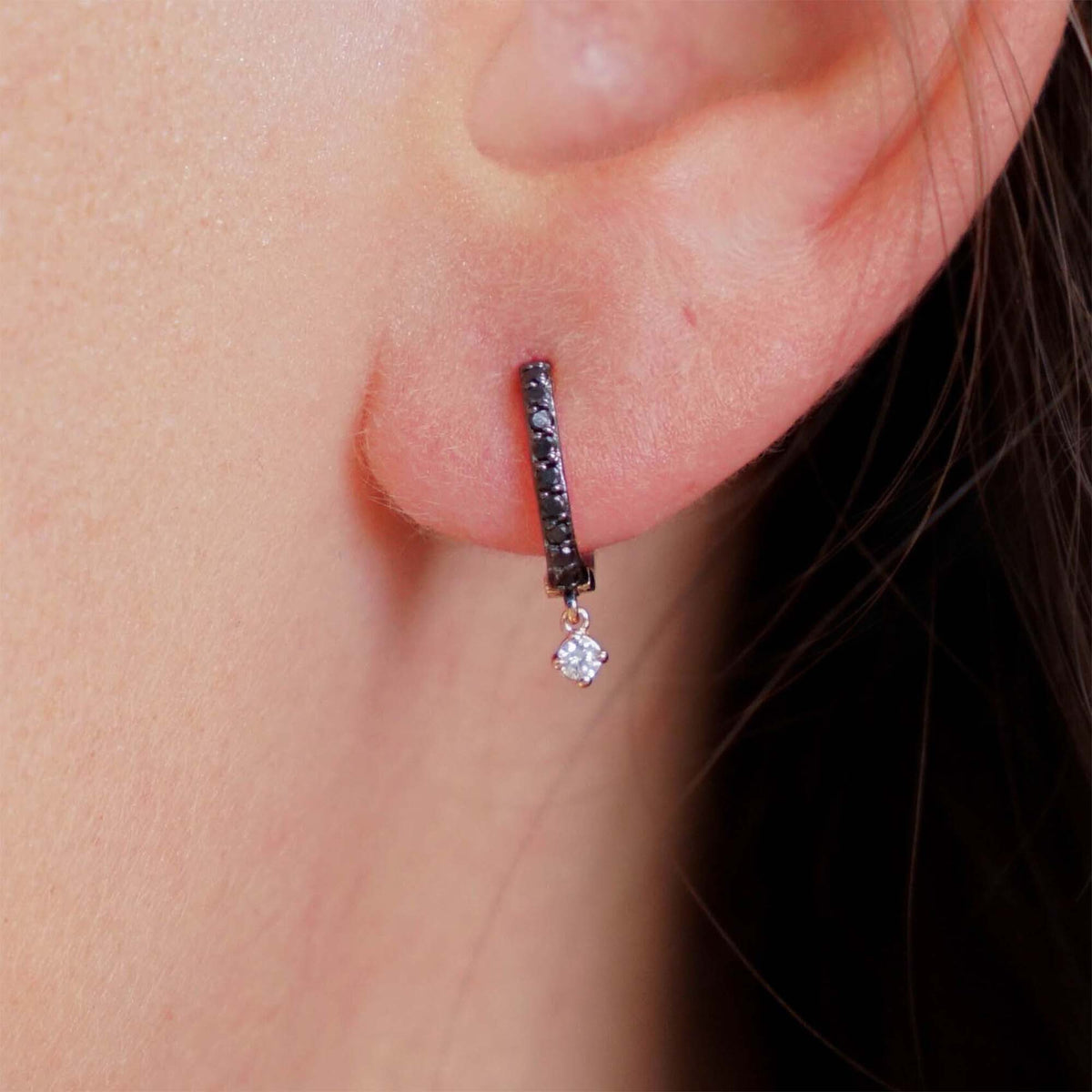 Single Minimal Black Diamond Dangle Hoop in 14K Gold