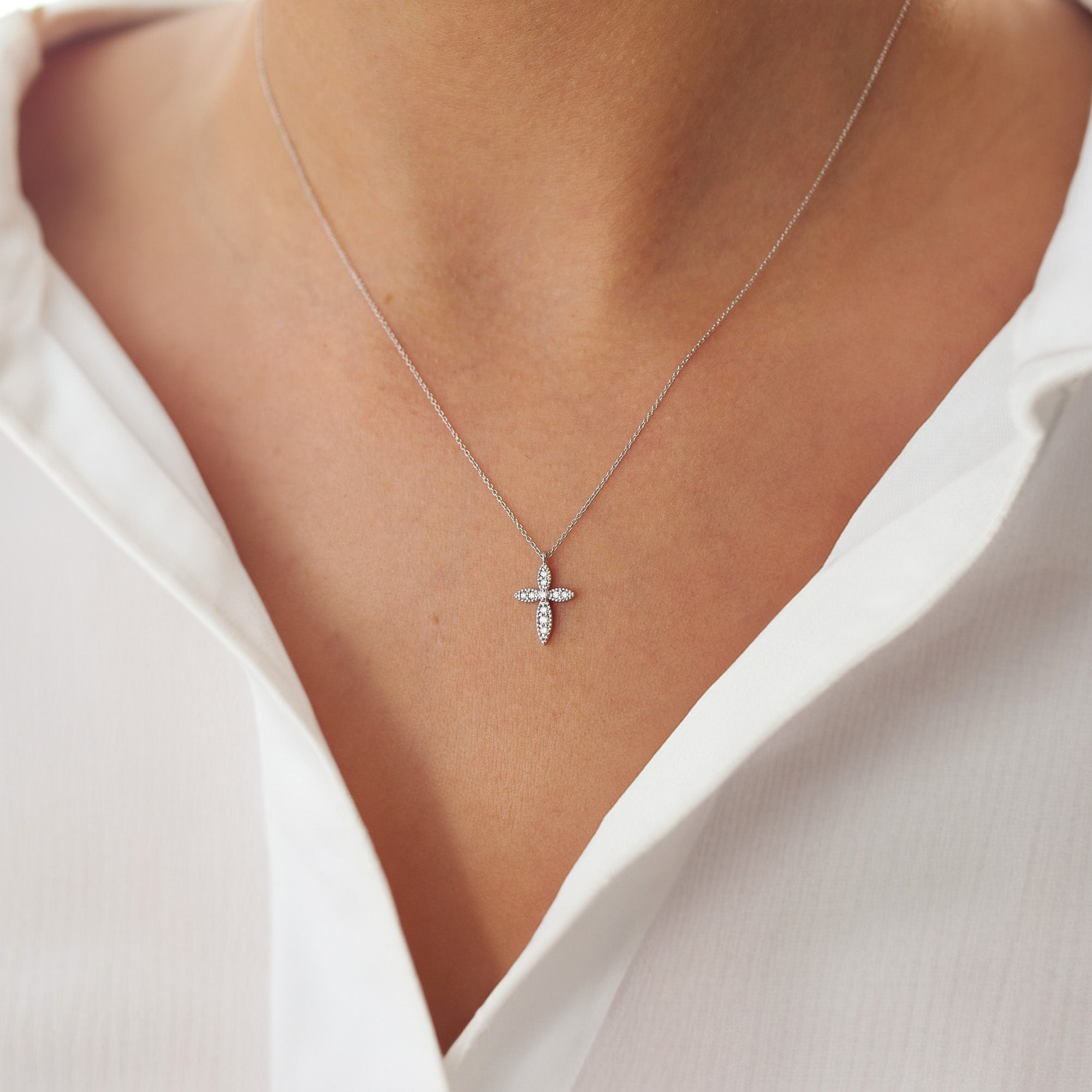 Tiny Diamond Cross Necklace in 14K Gold