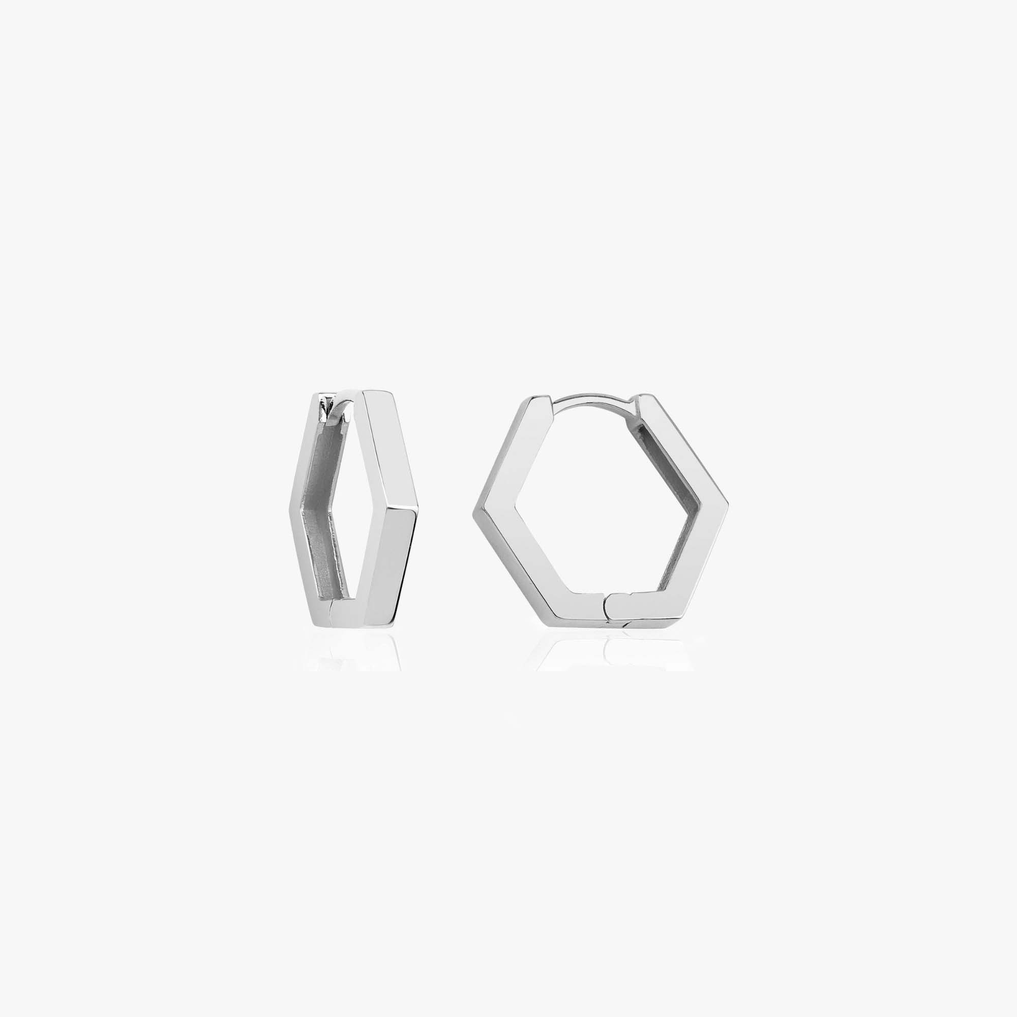 14K White Gold hexagonal hoop earrings on a white background