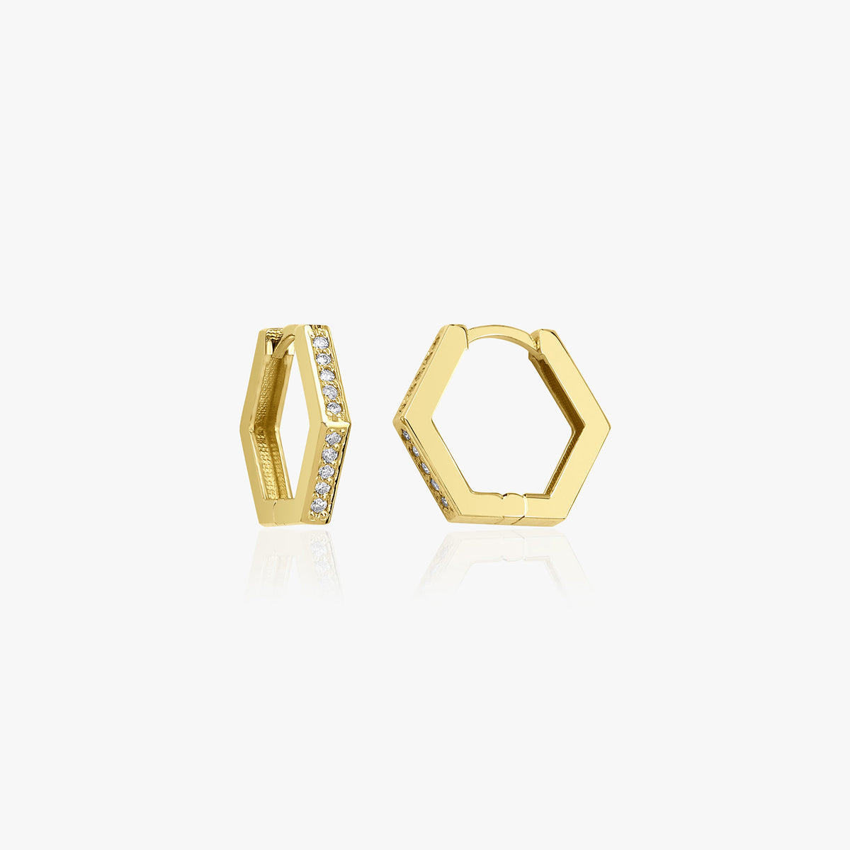 A pair of minimal diamond hexagon hoop earrings in 14K yellow gold, featuring small clear diamonds along the hoop.