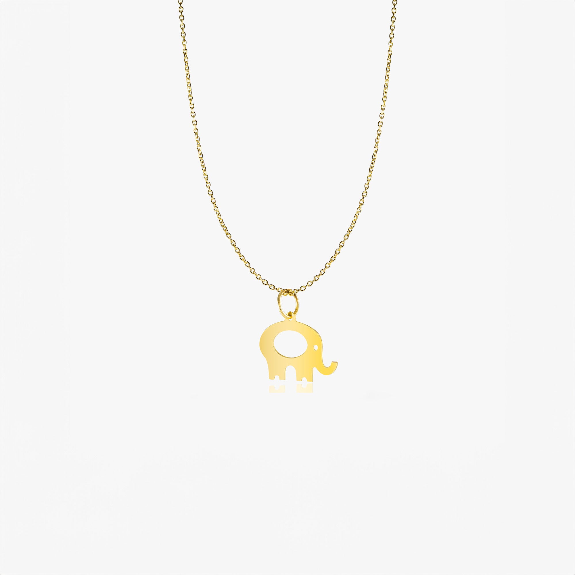 A 14K gold elephant-shaped pendant necklace on a chain, displayed against a white background.