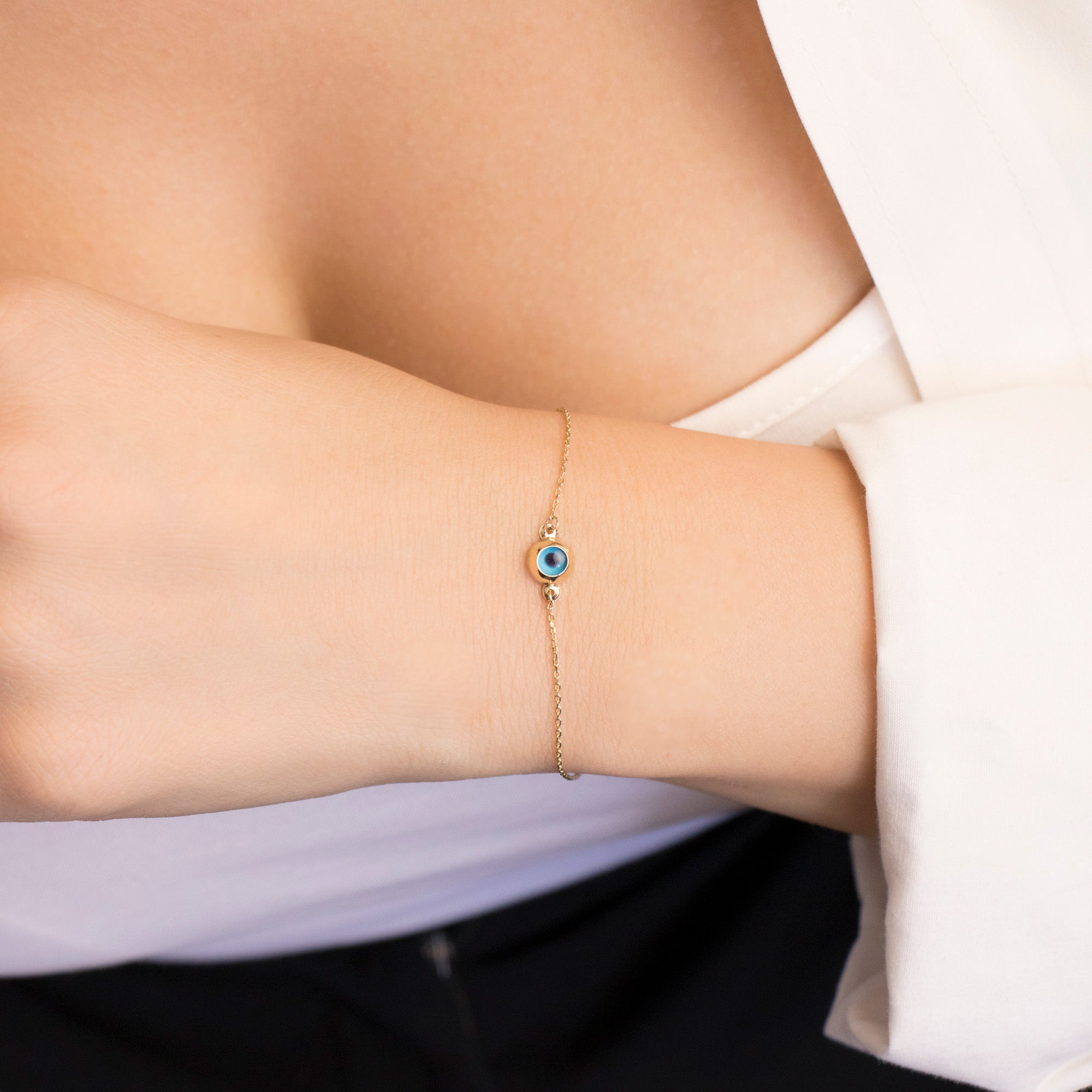 Dainty Evil Eye Bracelet in 14K Gold