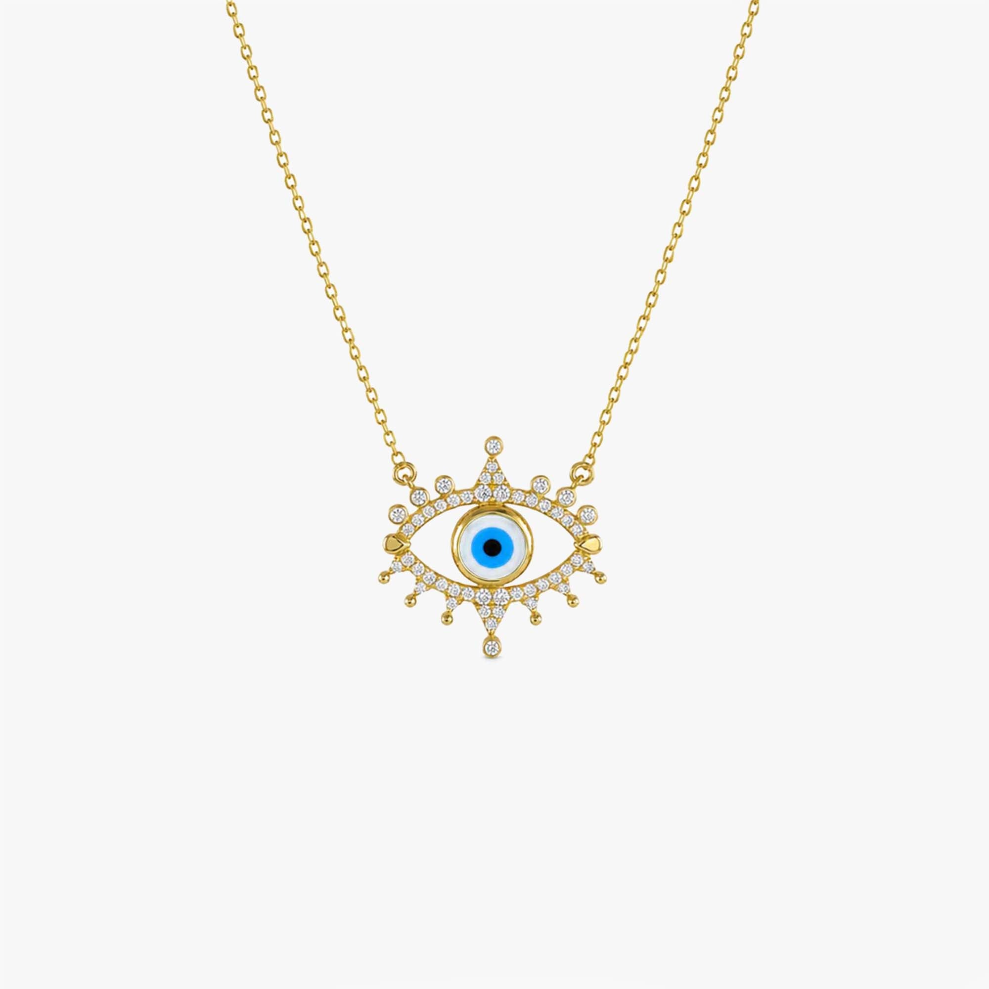 Mother of Pearl Evil Eye Necklace With Diamonds in 14K Gold