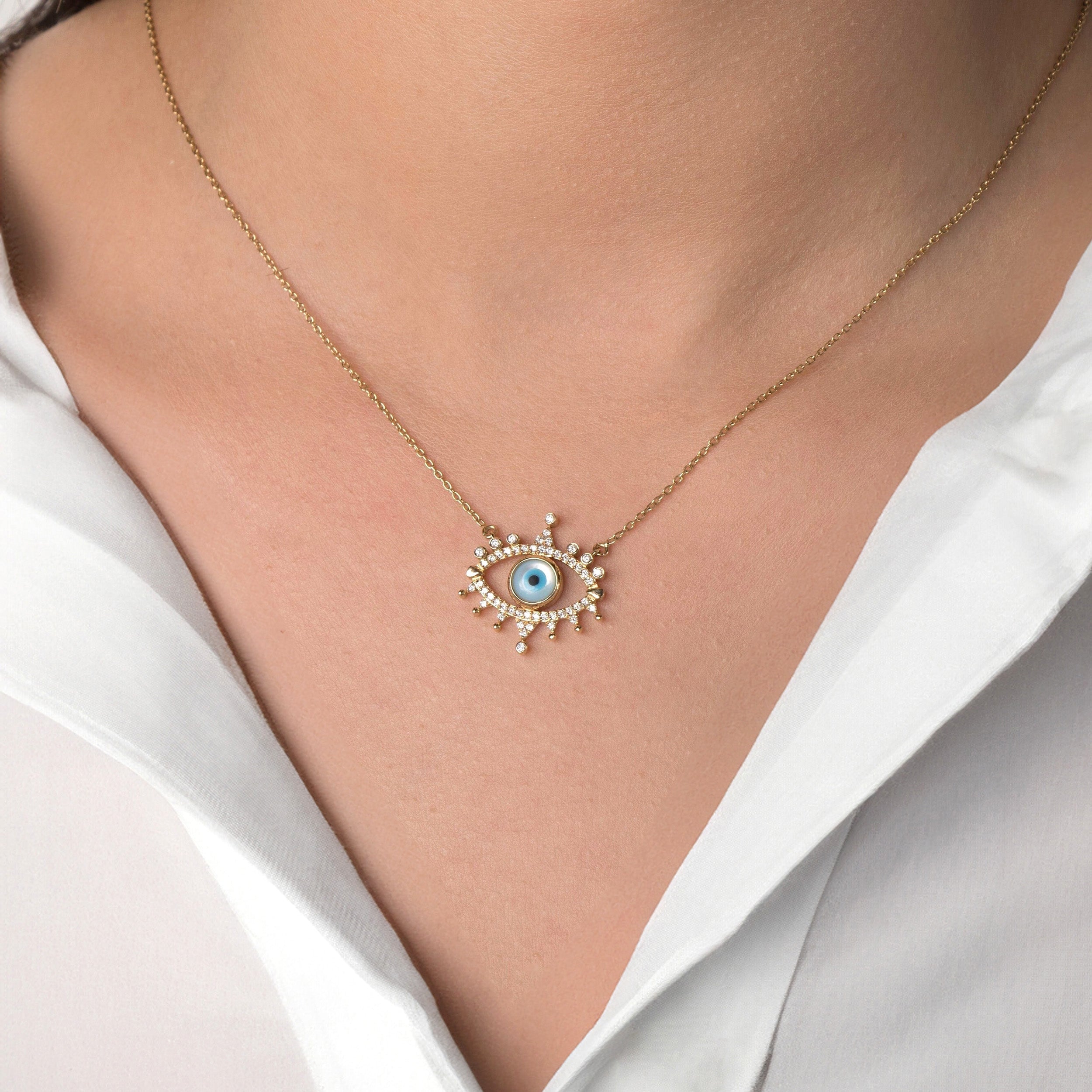 Mother of Pearl Evil Eye Necklace With Diamonds in 14K Gold