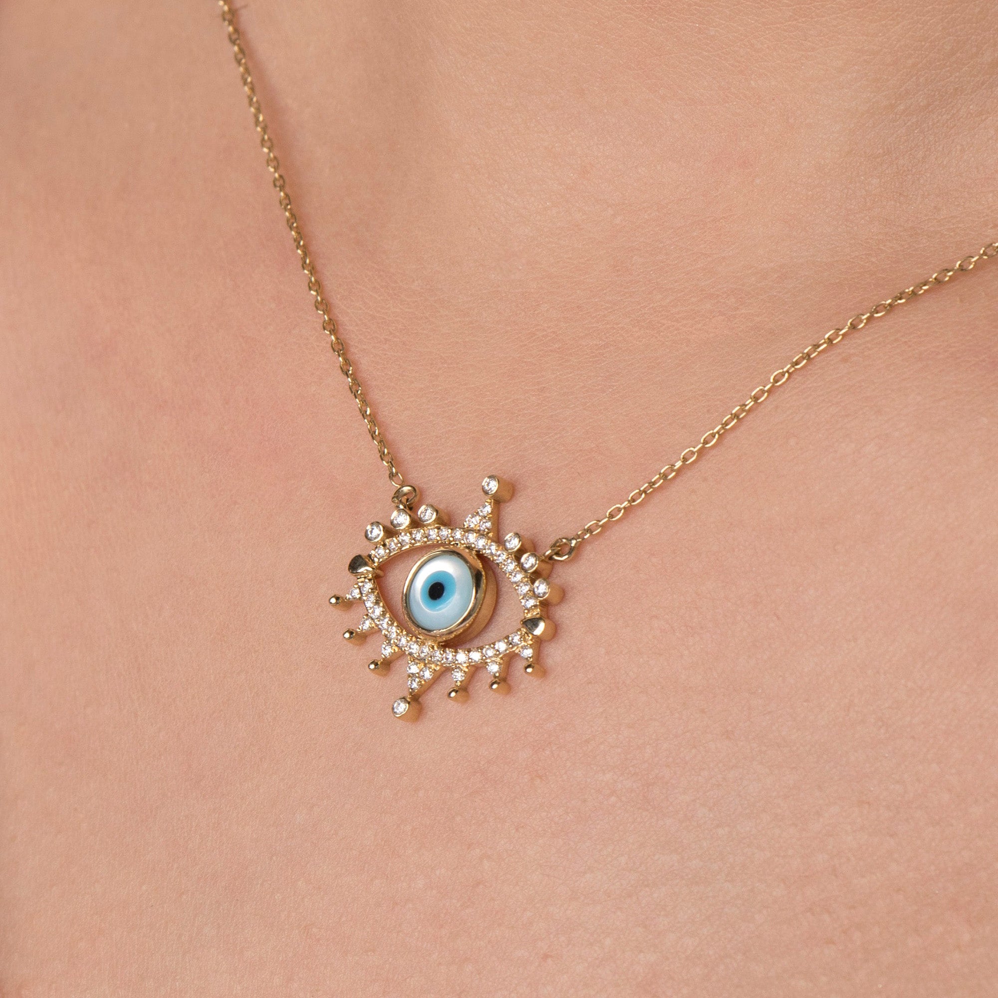 Mother of Pearl Evil Eye Necklace With Diamonds in 14K Gold