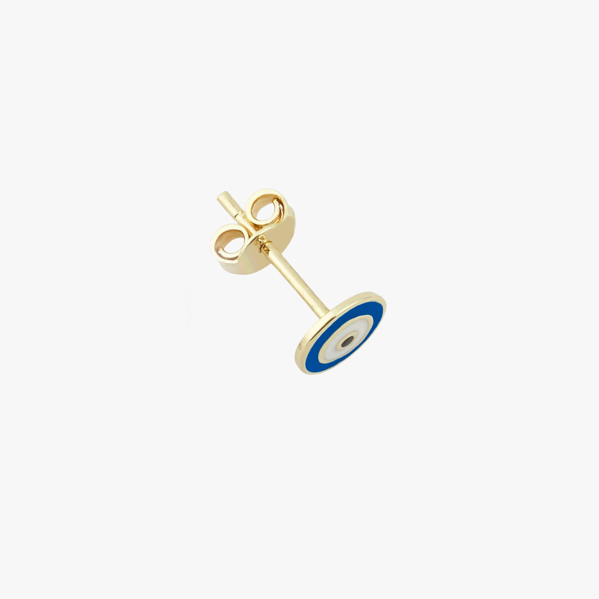 Sideview of a 14k yellow gold evil eye stud on a white background.