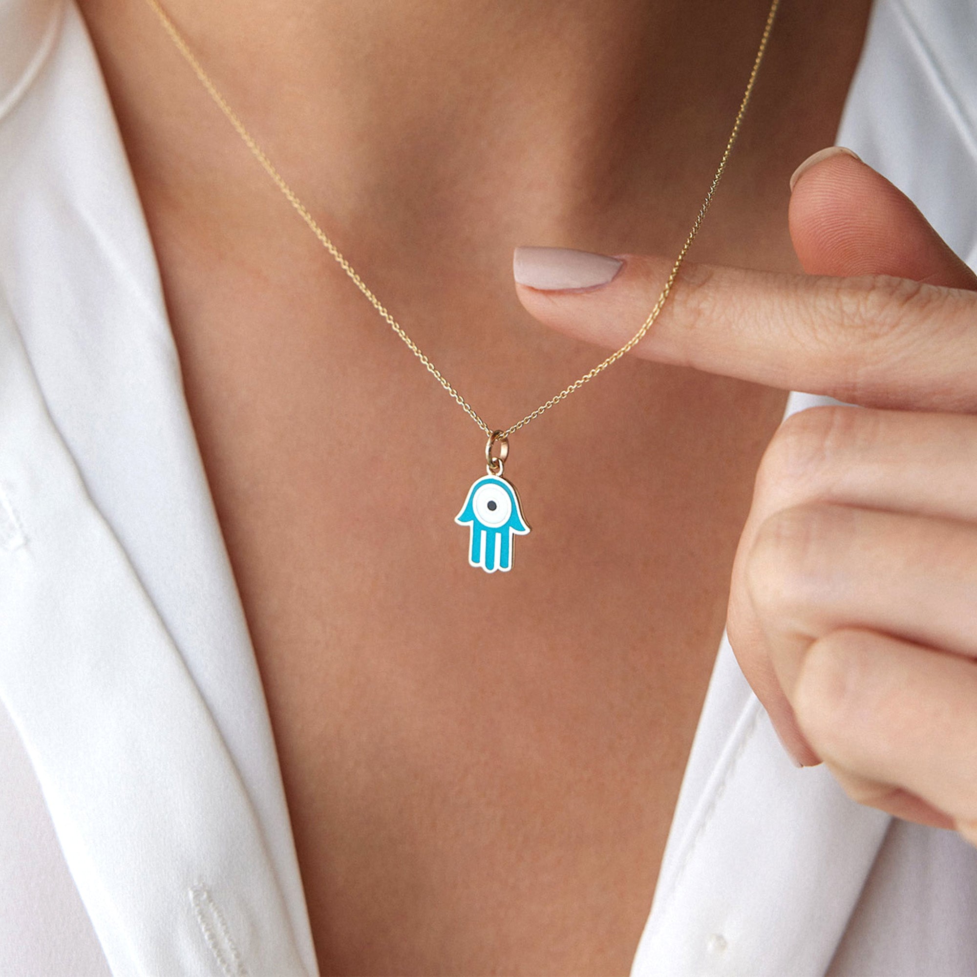 Ocean Blue Hamsa Necklace in 14K Gold