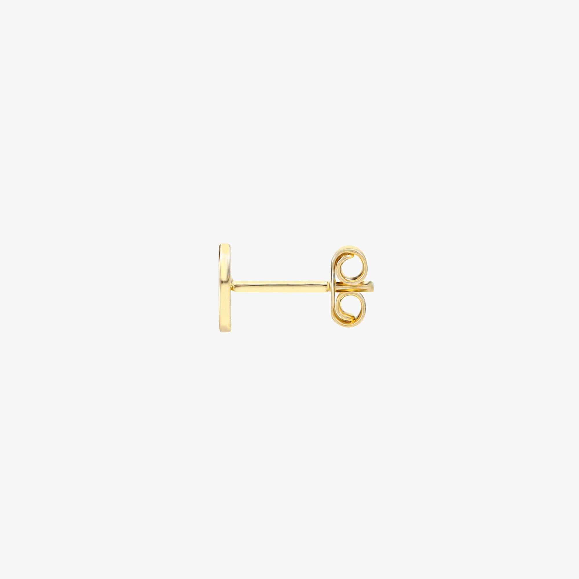 A 14k yellow gold mini oval stud shown sideways on a white background