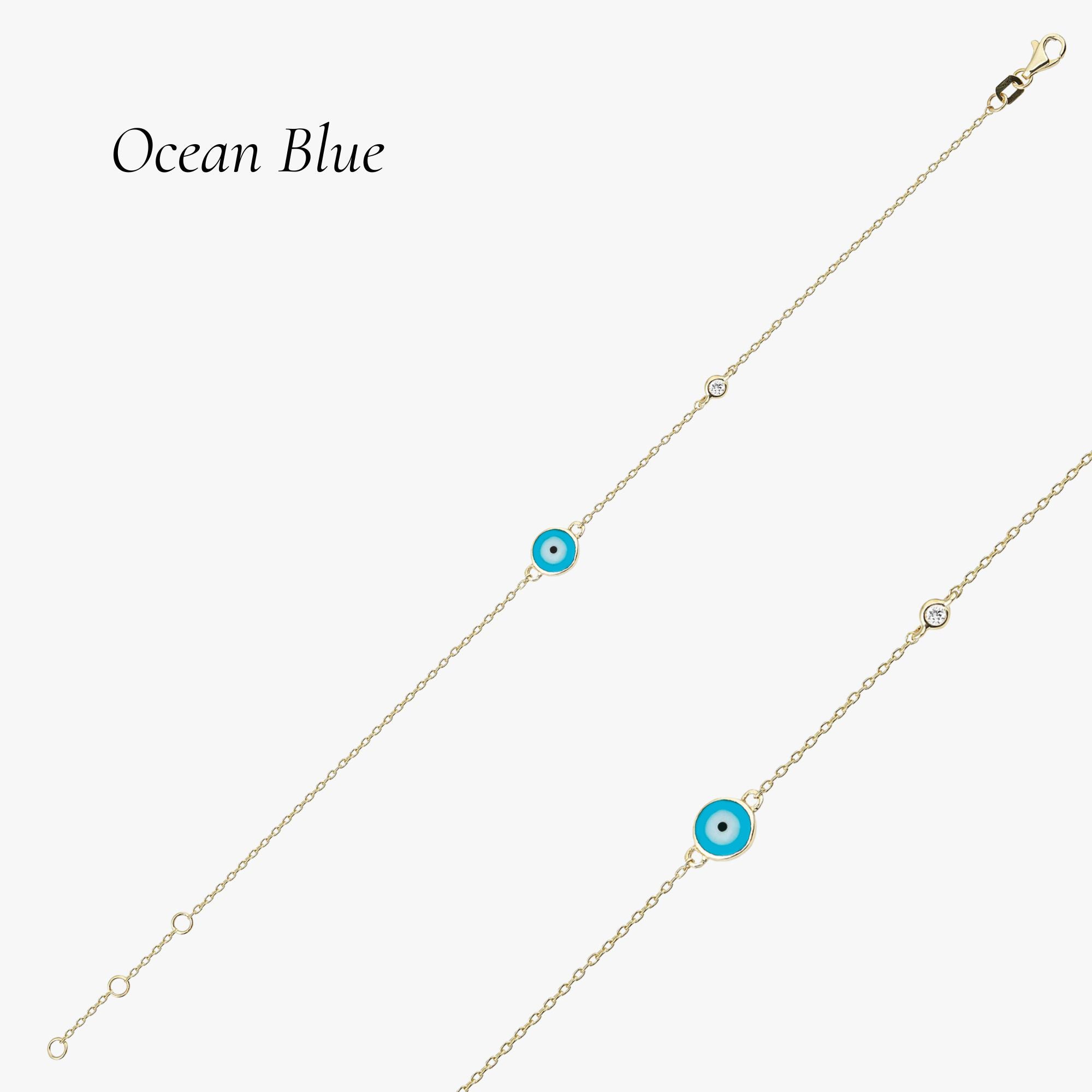 Minimal Diamond Evil Eye Bracelet in 14K Gold / Ocean Blue