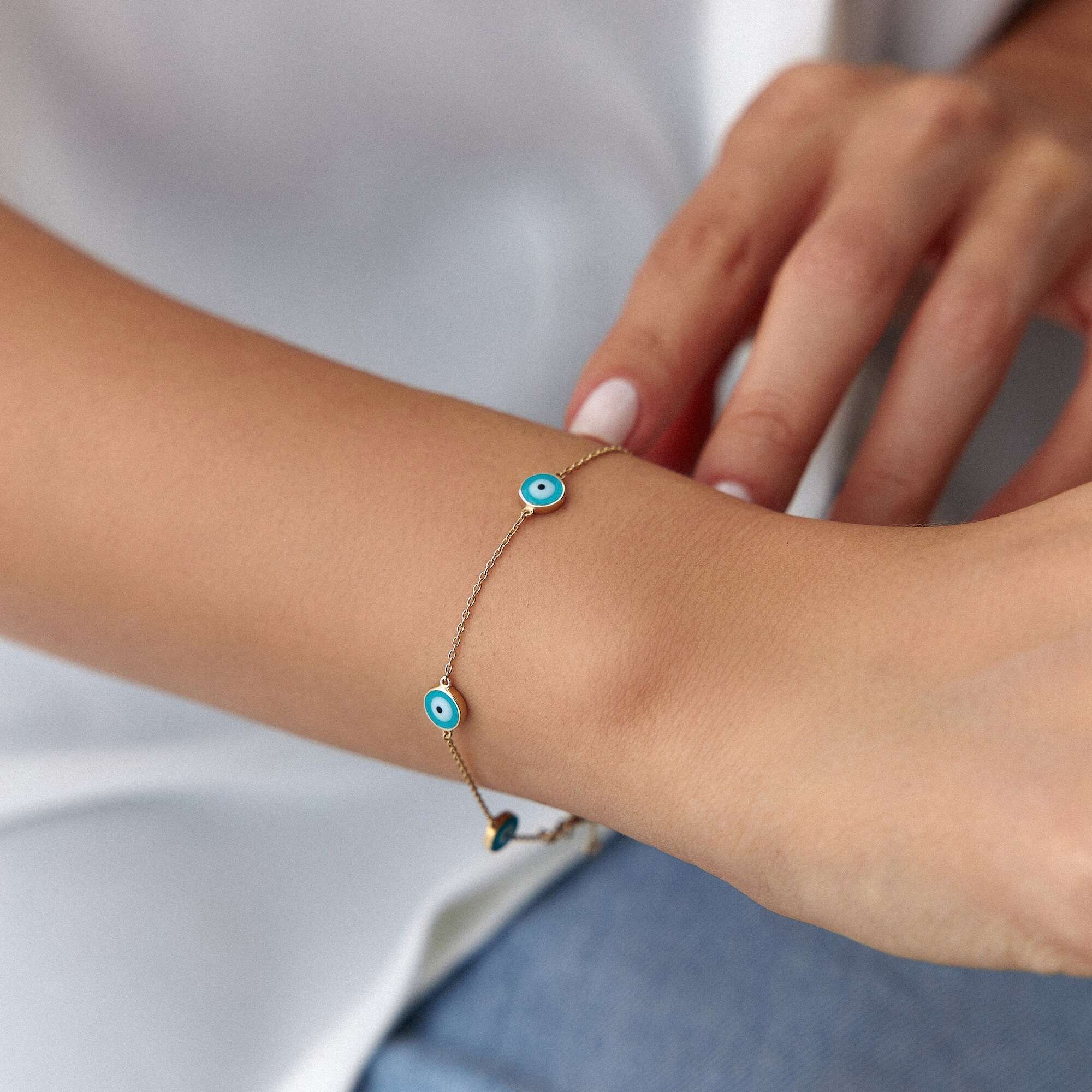 14K Gold Double Sided Evil Eye Bracelet / OCEAN BLUE