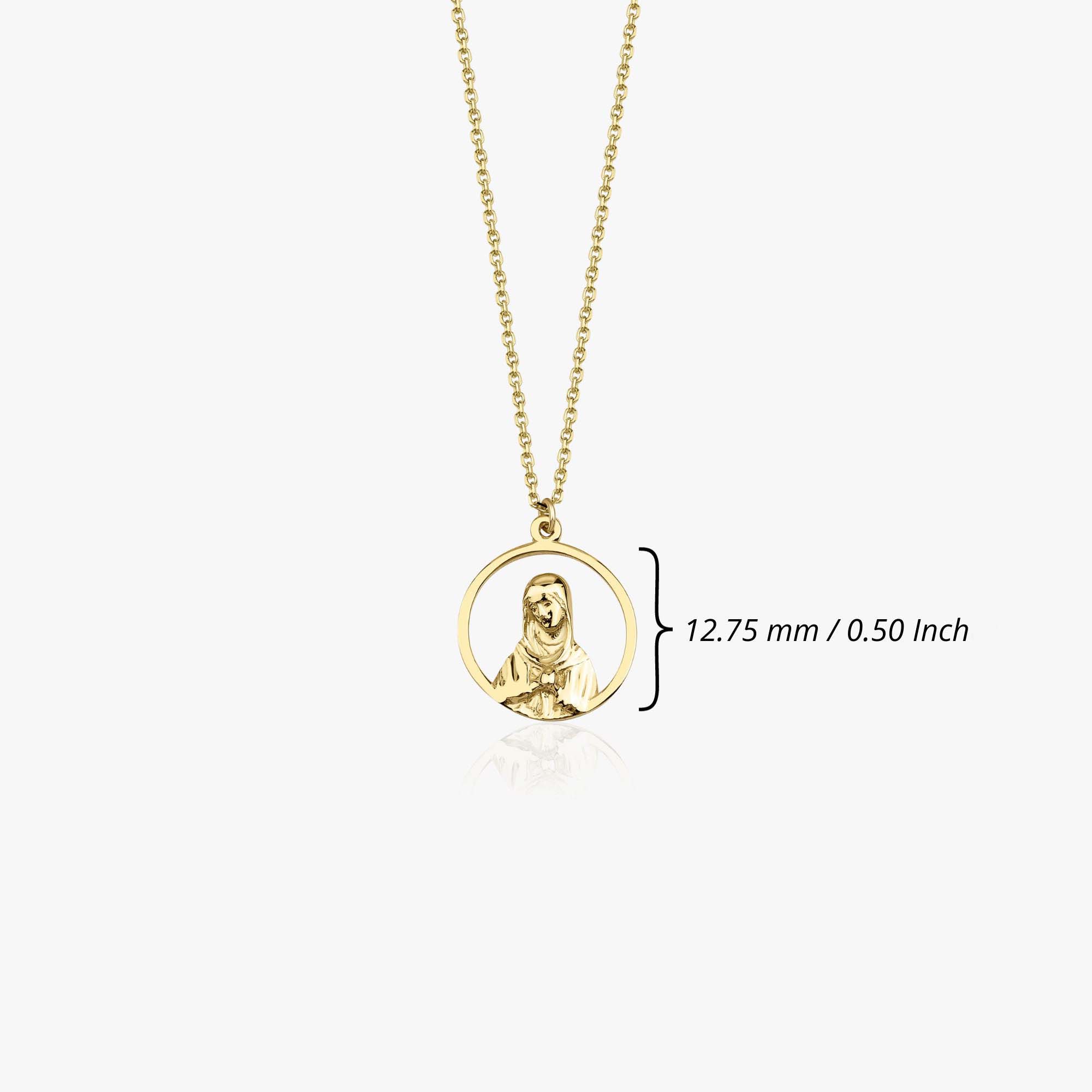 A 14k yellow gold open virgin mary necklace shown with measurements on a white background.