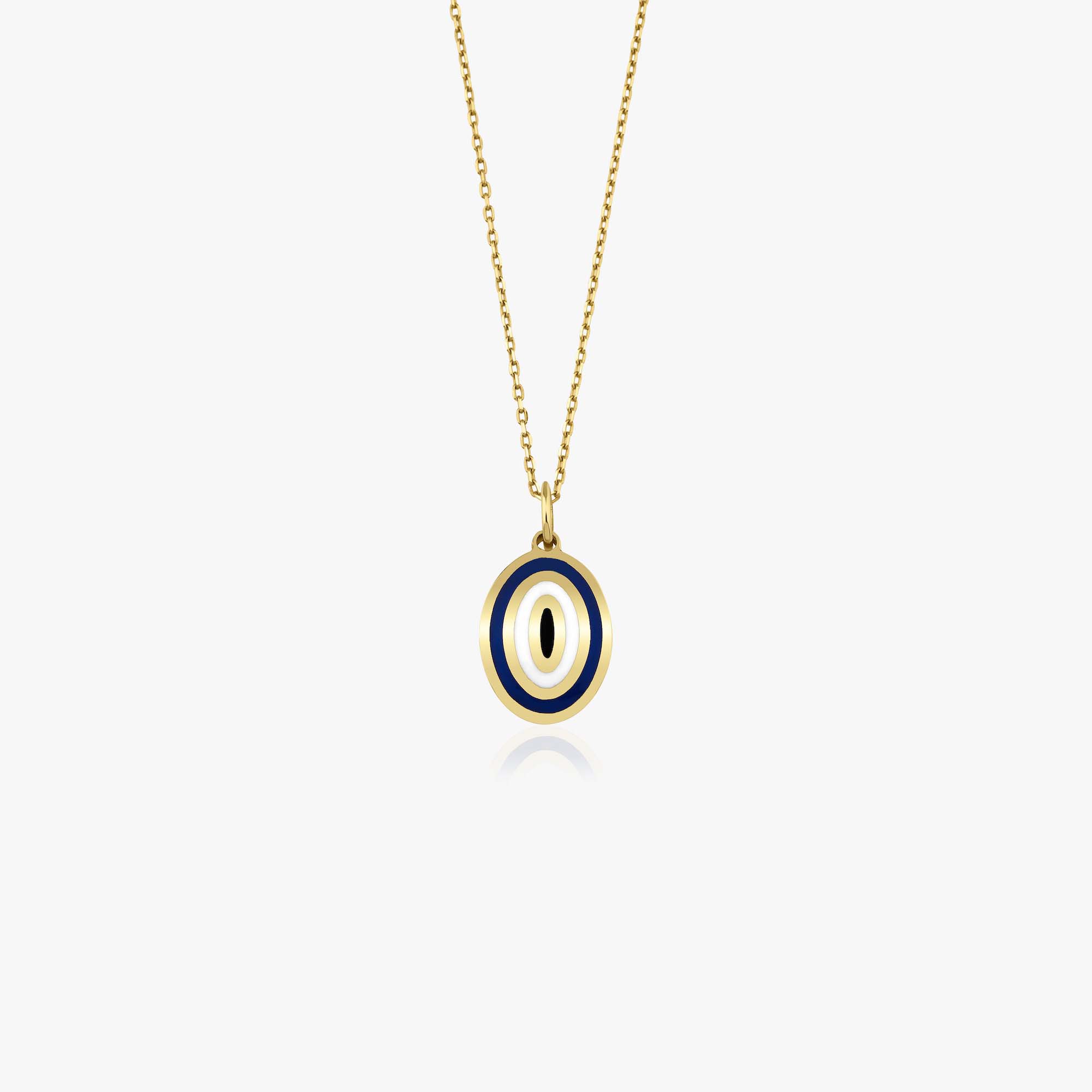 A 14k yellow gold evil eye necklace with a navy blue evil eye center shown on a white background.