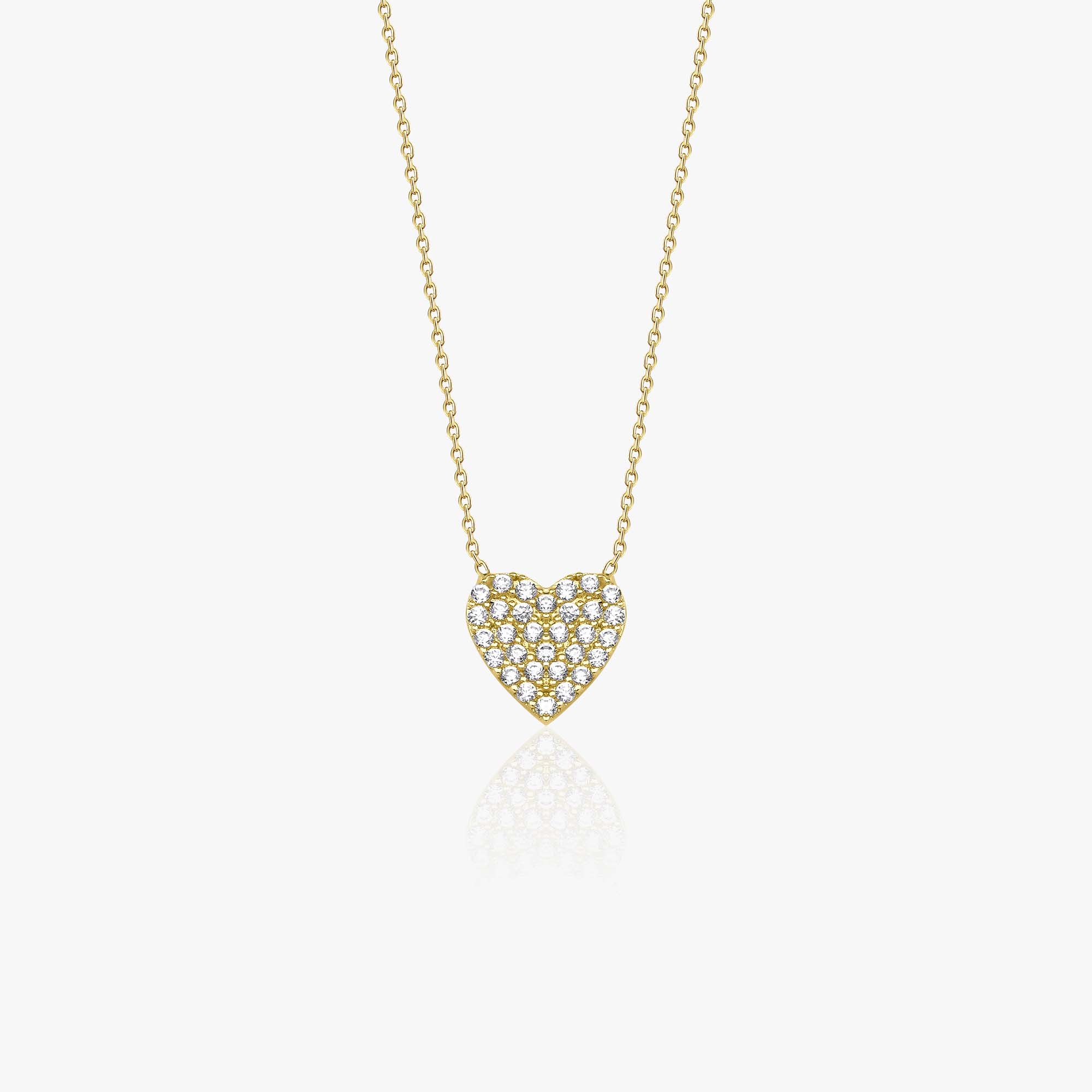14k yellow gold necklace with a pave set heart-shaped pendant on a white background