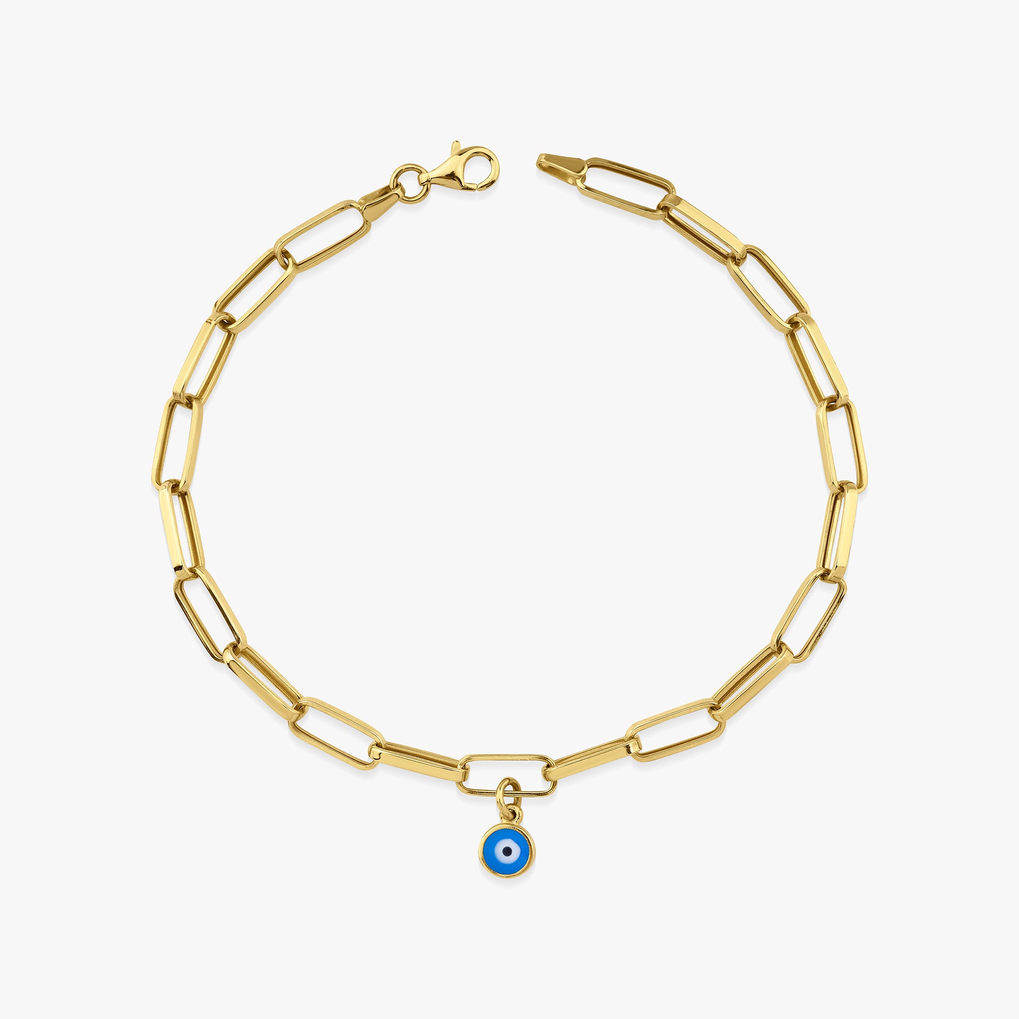 Evil Eye Charm Paperclip Chain Bracelet in 14K Gold