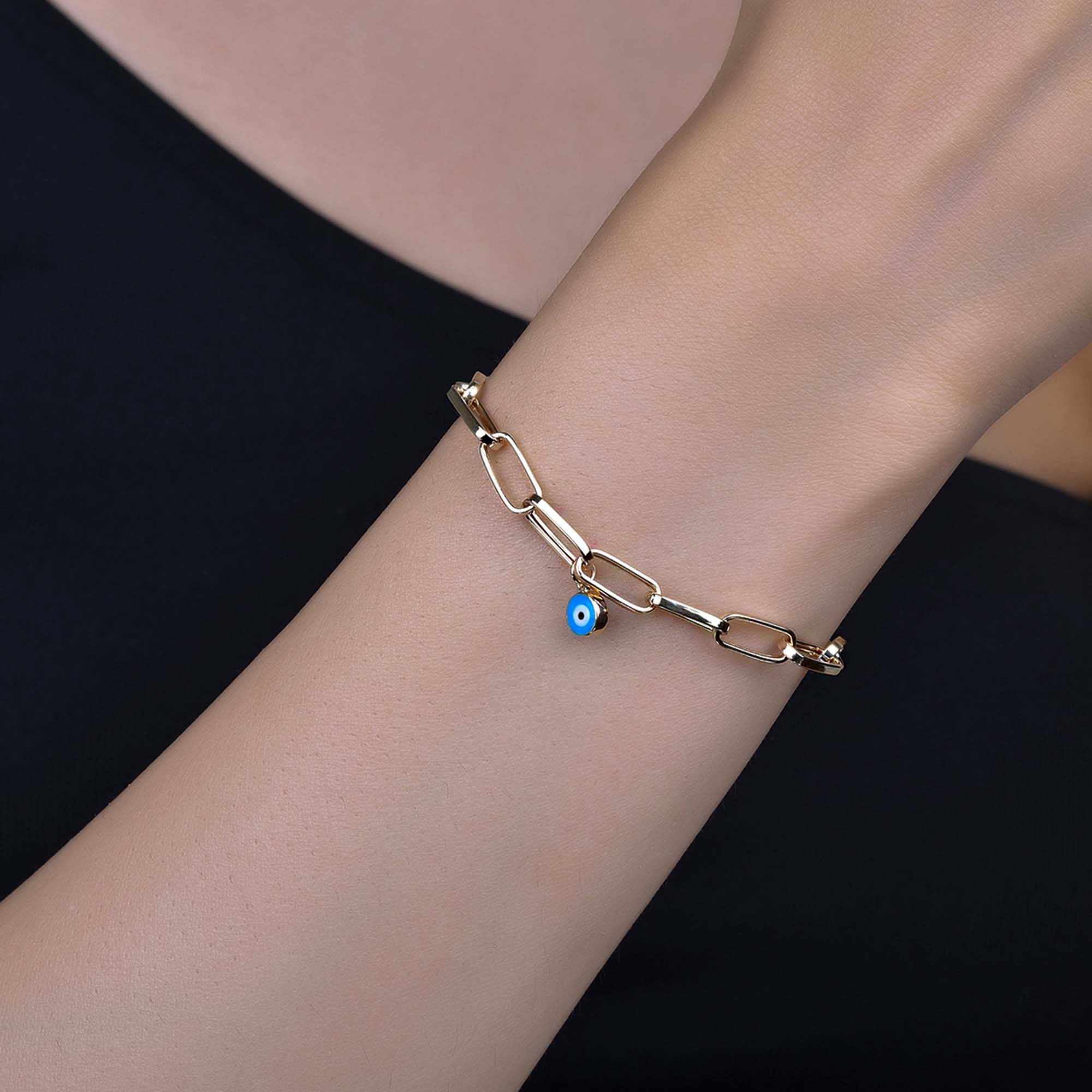Paperclip Chain Bracelet With Evil Eye Charm in 14K Gold