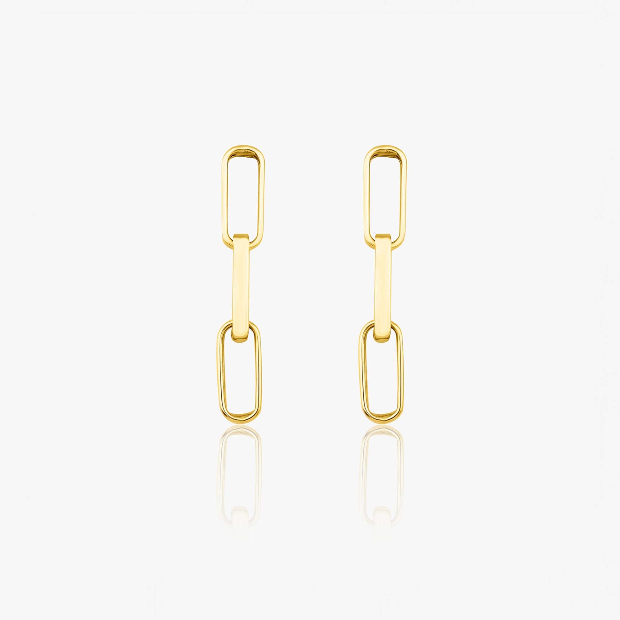 A pair of 14k yellow gold paperclip chain studs shown on a white background.