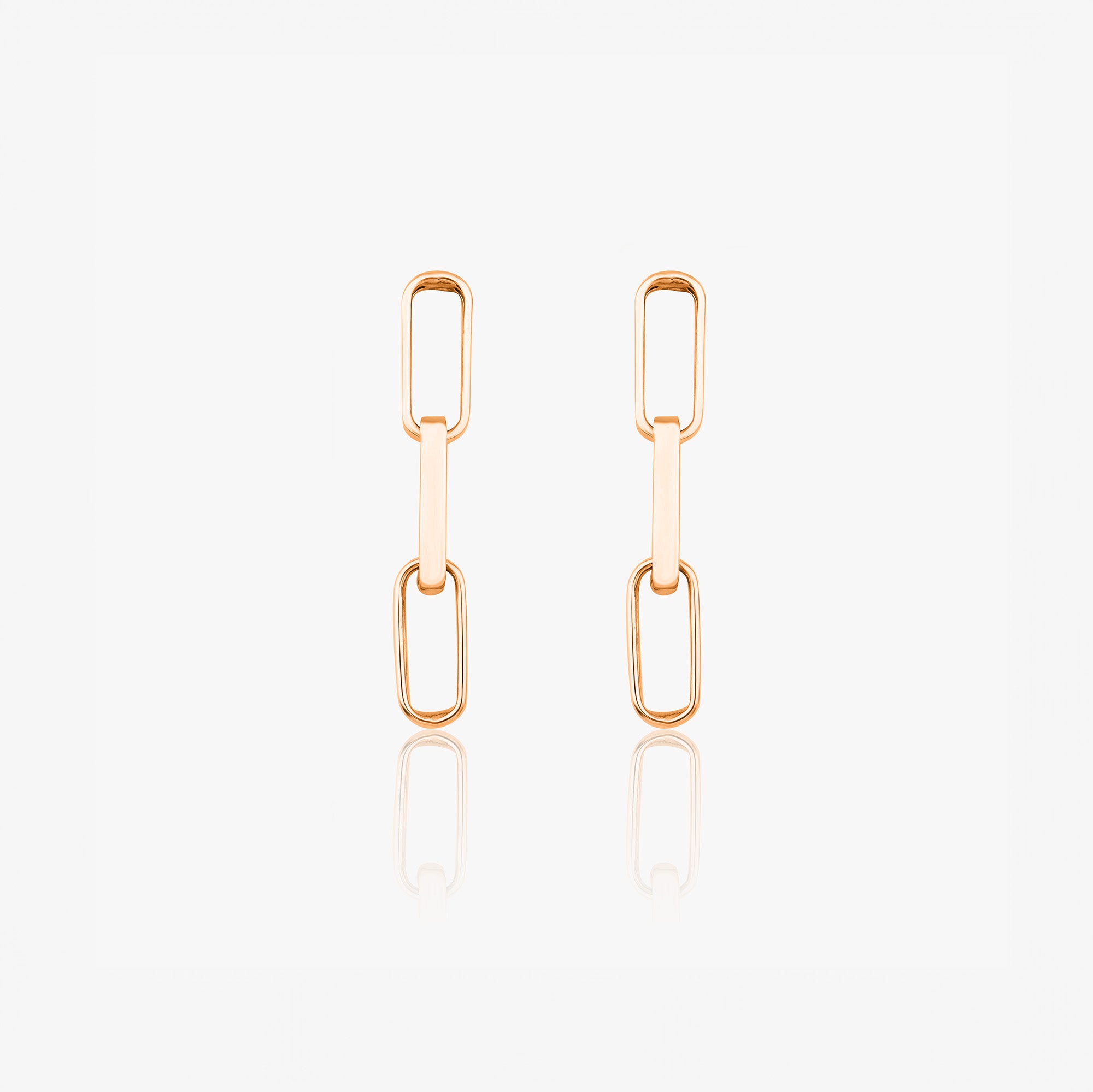 A pair of 14k rose gold paperclip chain studs shown on a white background.